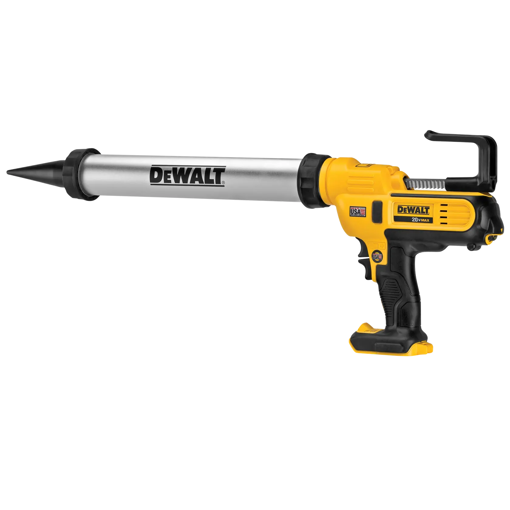 DEWALT DCE580B cordless caulking gun with yellow and black handle and a long silver tube for dispensing sealant.