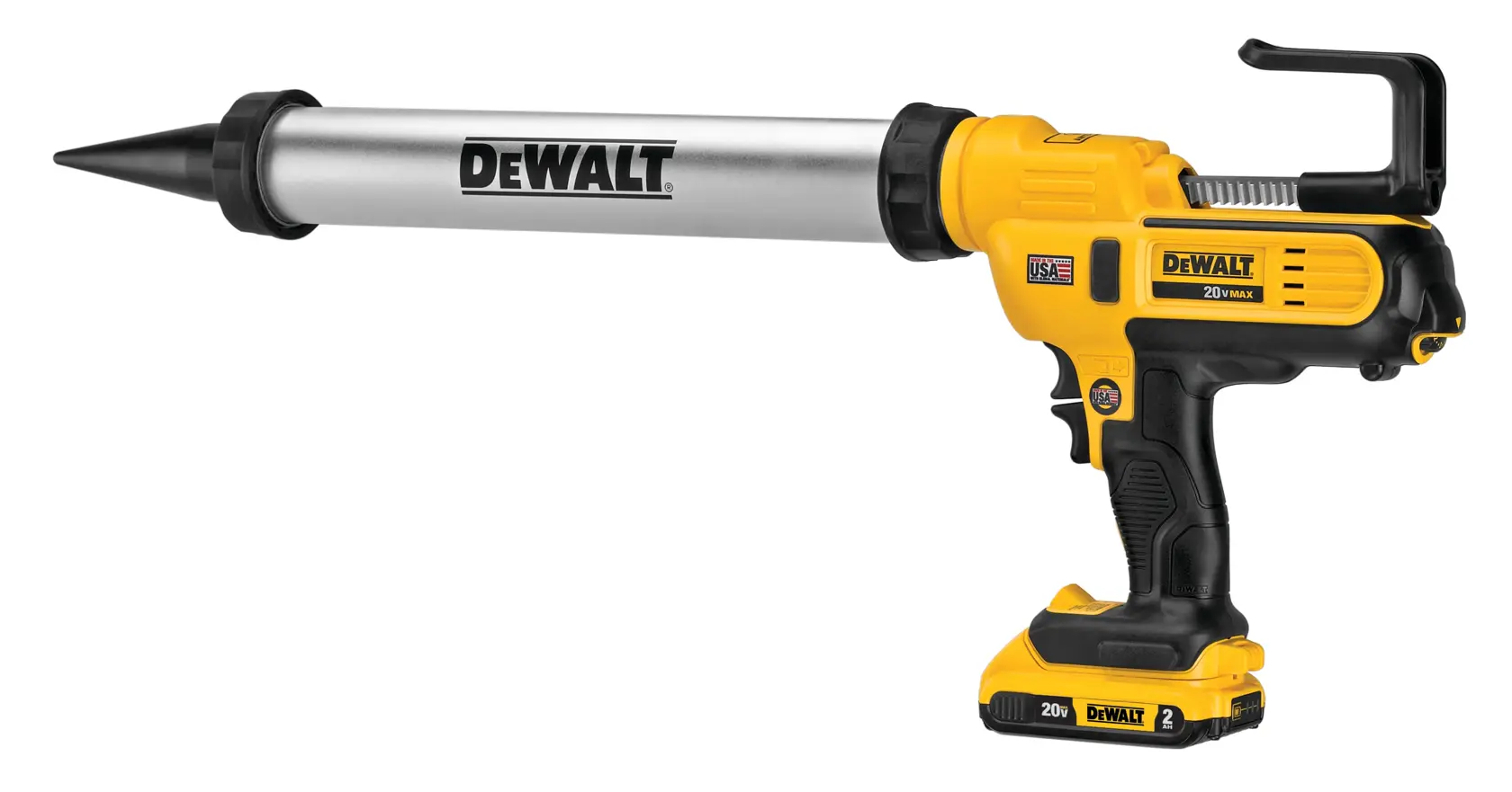 A DEWALT DCE580D1 cordless yellow and black caulking gun with a silver tube and black nozzle, designed for applying sealant.