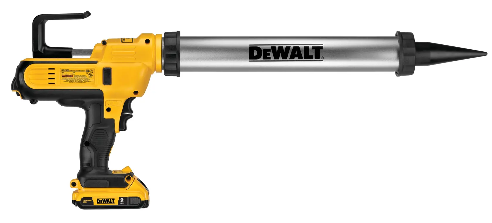 A DEWALT cordless caulking gun with a yellow and black handle and a silver barrel featuring the DEWALT logo, used for dispensing sealant.