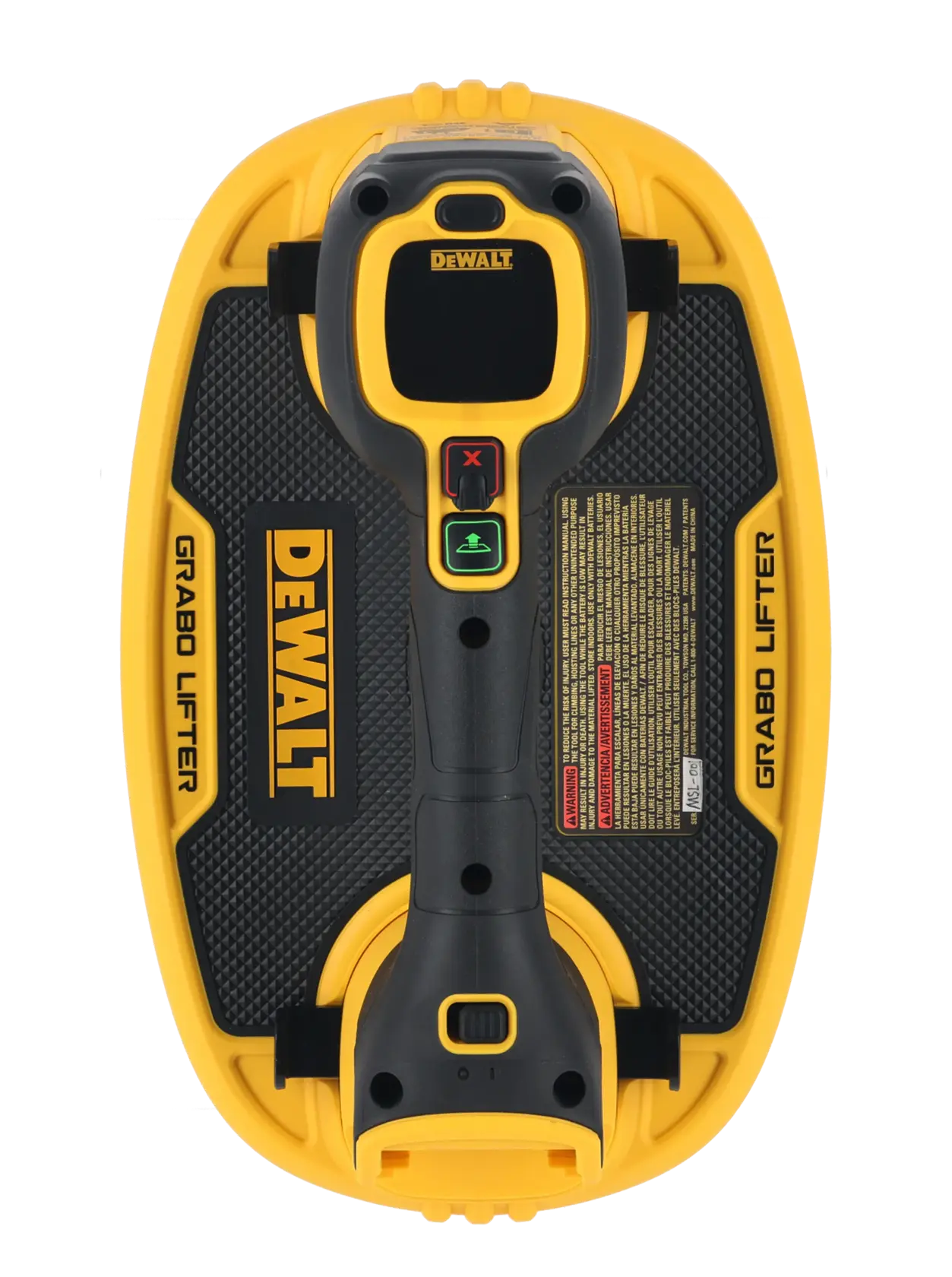 A DEWALT Grabo Lifter, a handheld power tool with a yellow and black design, used for lifting and carrying heavy objects with suction technology.