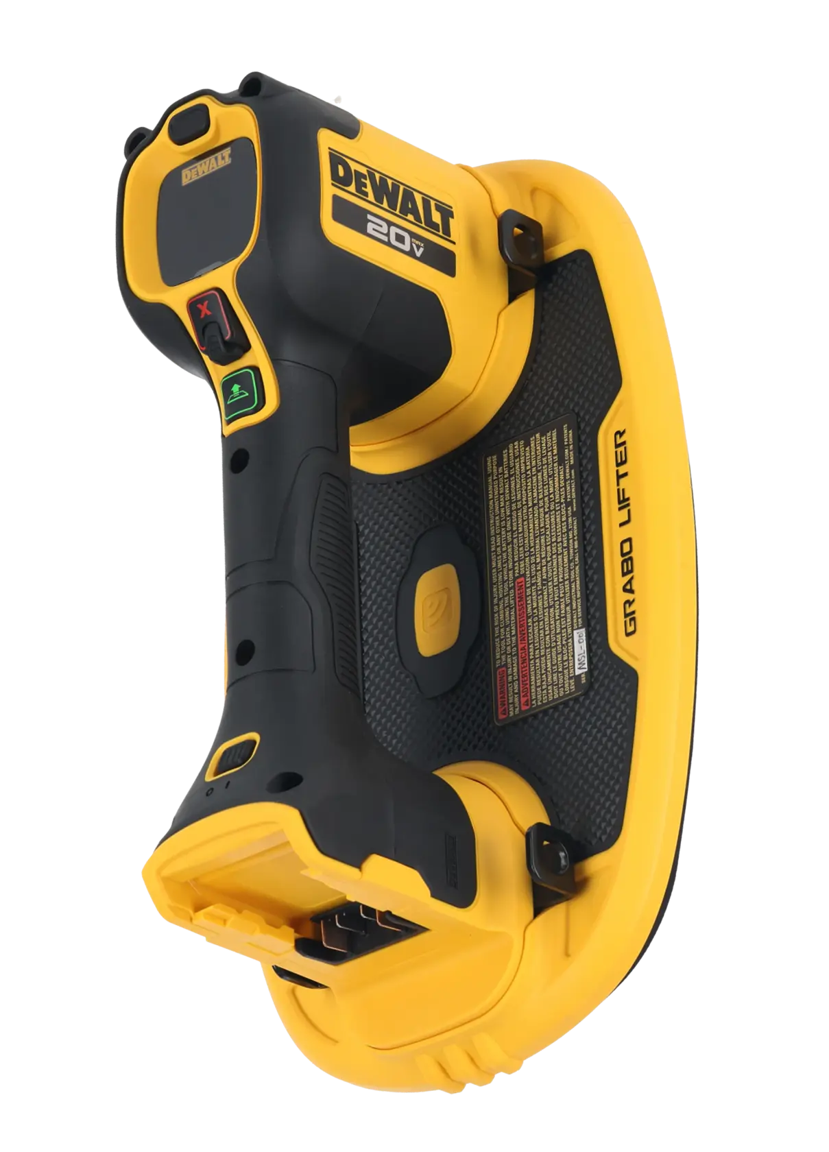 A DEWALT branded 20V cordless power tool called 'Grabo Lifter'. It features a black and yellow ergonomic handle with control buttons and a suction pad for lifting heavy materials.