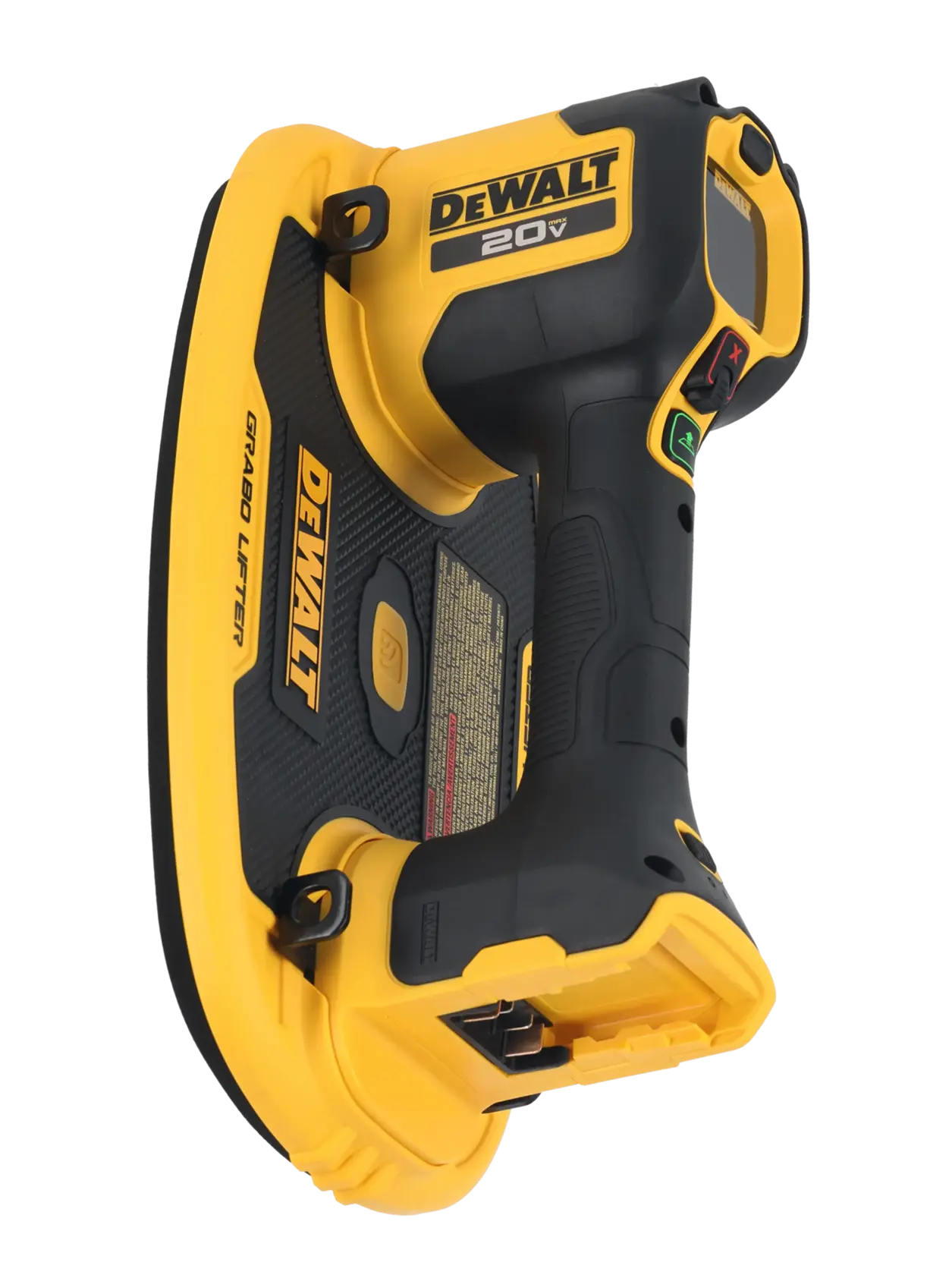 A DEWALT 20V Grabo Lifter cordless tool, used for lifting and handling heavy materials with suction technology. The tool is black and yellow, features the DEWALT brand on the handle, and is designed for professional use.