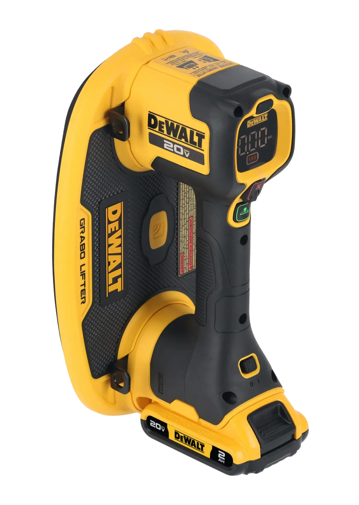 A DEWALT 20V Grabo Lifter tool for lifting and handling materials, featuring a yellow and black design, ergonomic handle, and digital display.