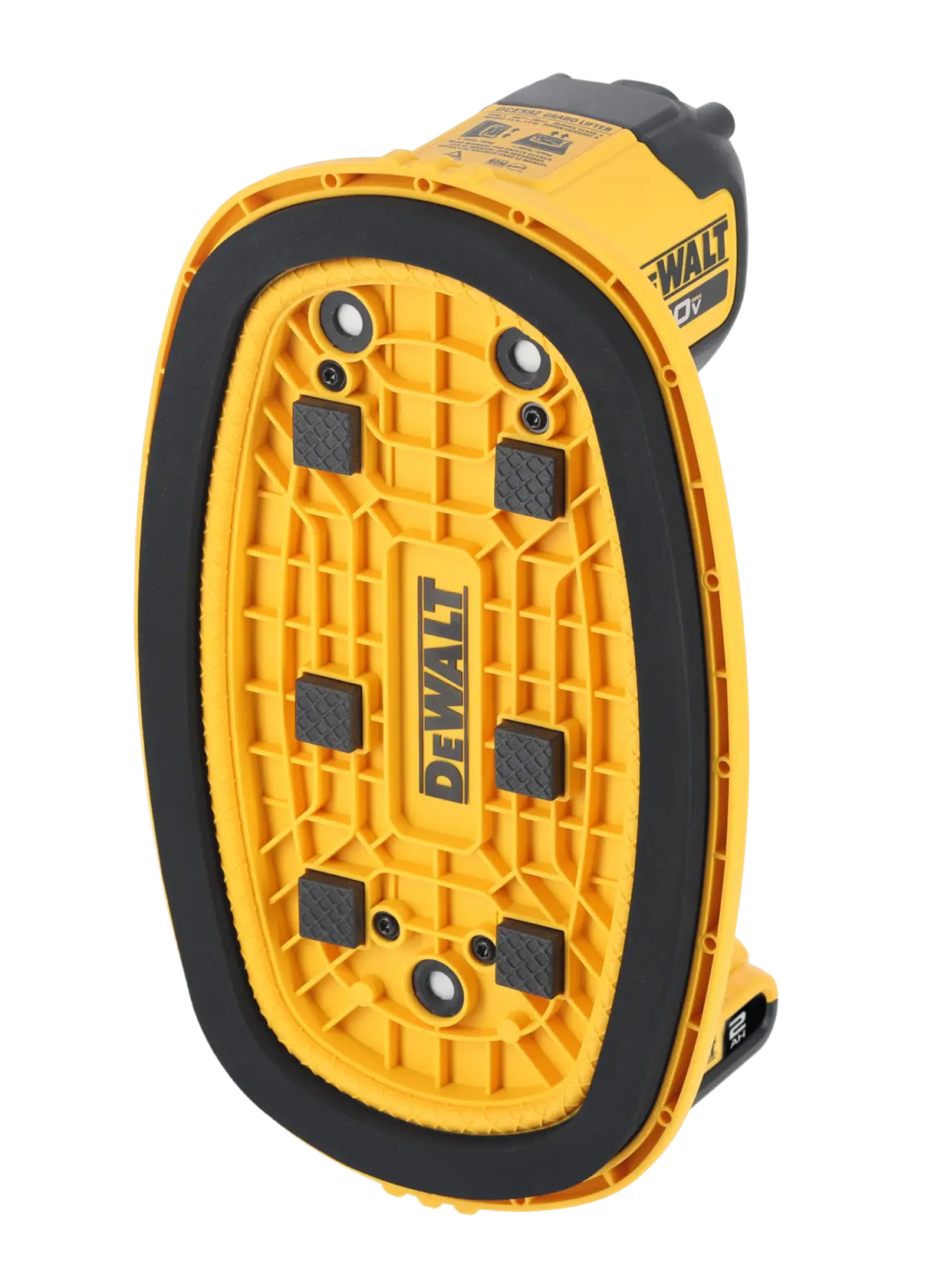 A close-up view of a DEWALT-branded yellow and black handheld device. The device has a textured base with four raised pads and an oval shape. The DEWALT logo is visible on the yellow surface.