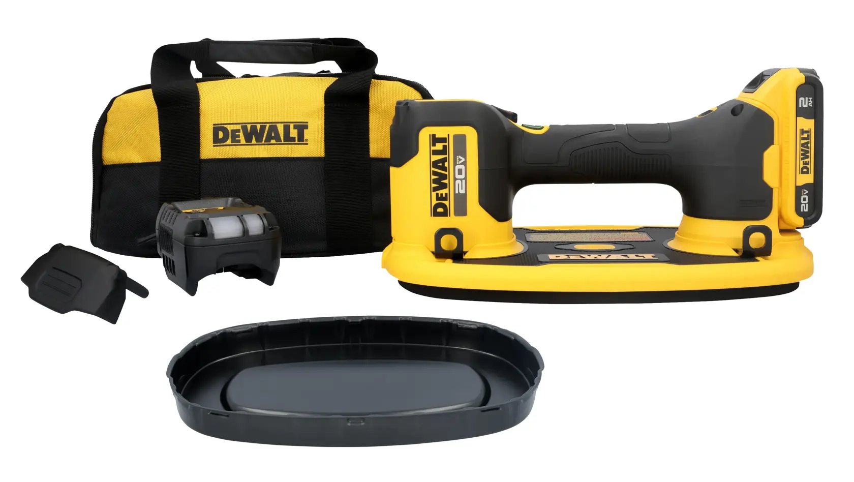 DEWALT GRABO Lifter, a yellow and black handheld vacuum lifting tool with digital display and buttons for operation.