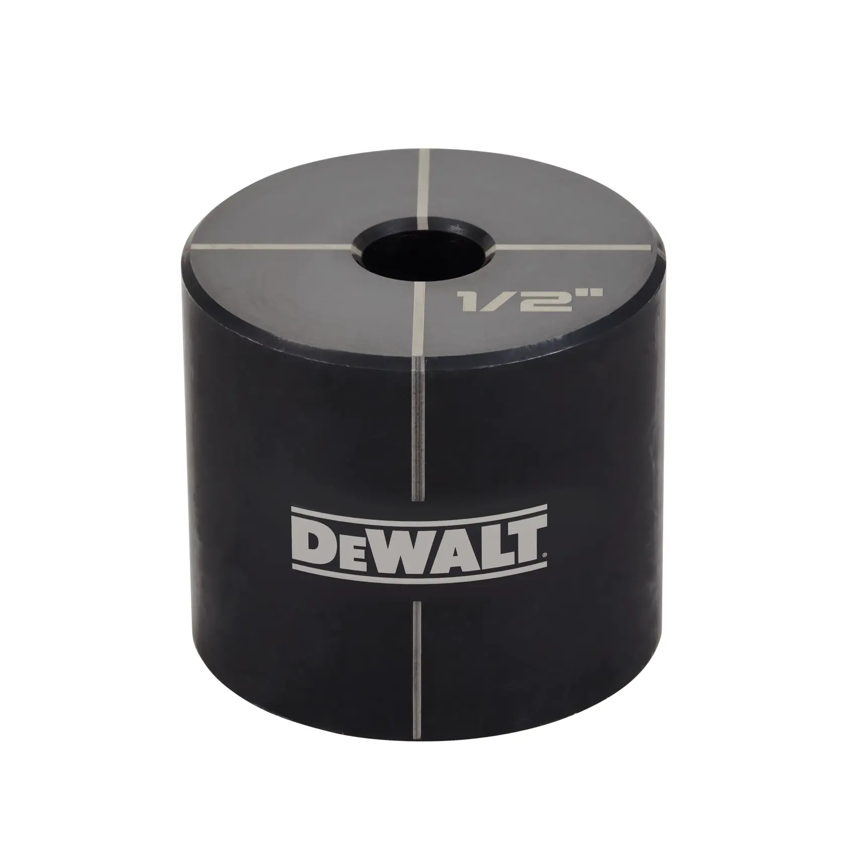 A black cylindrical DEWALT branded tool with a central hole and engraved markings, labeled 1/2 inch on the top.