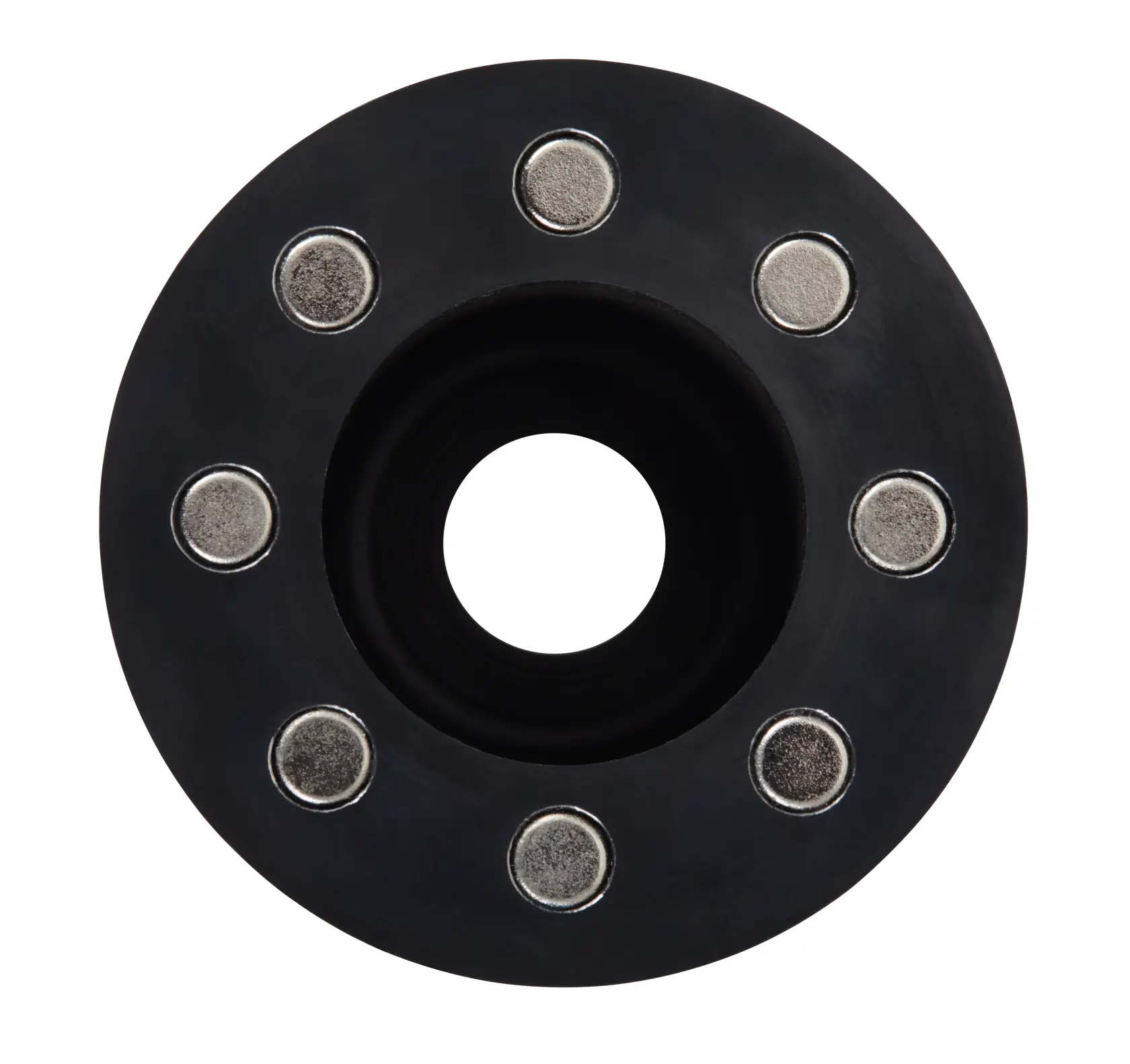 A close-up view of a black circular tool attachment with eight metallic studs evenly spaced around the edge, featuring a central hollow opening. The tool component is associated with DEWALT.