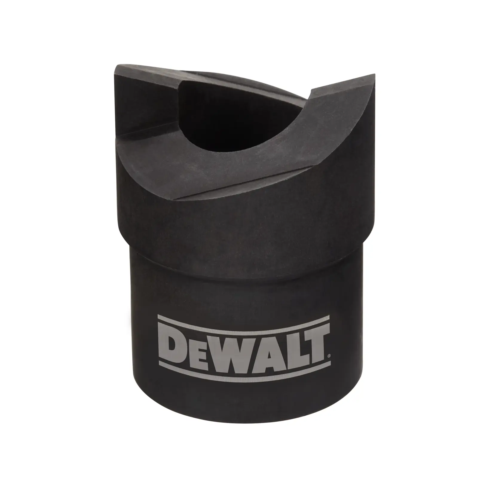 A black DEWALT branded tool part with a cylindrical base and a uniquely shaped, cut-out upper section, photographed on a white background.