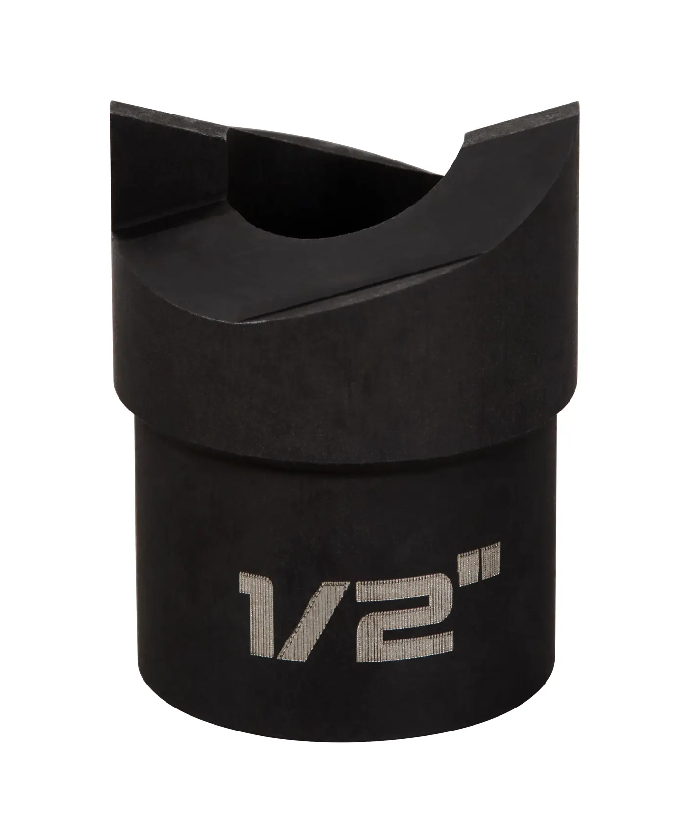 A black cylindrical metal tool accessory with a cutout at the top, displaying '1/2"' engraved on the side. Used for pipe cutting or fitting applications.