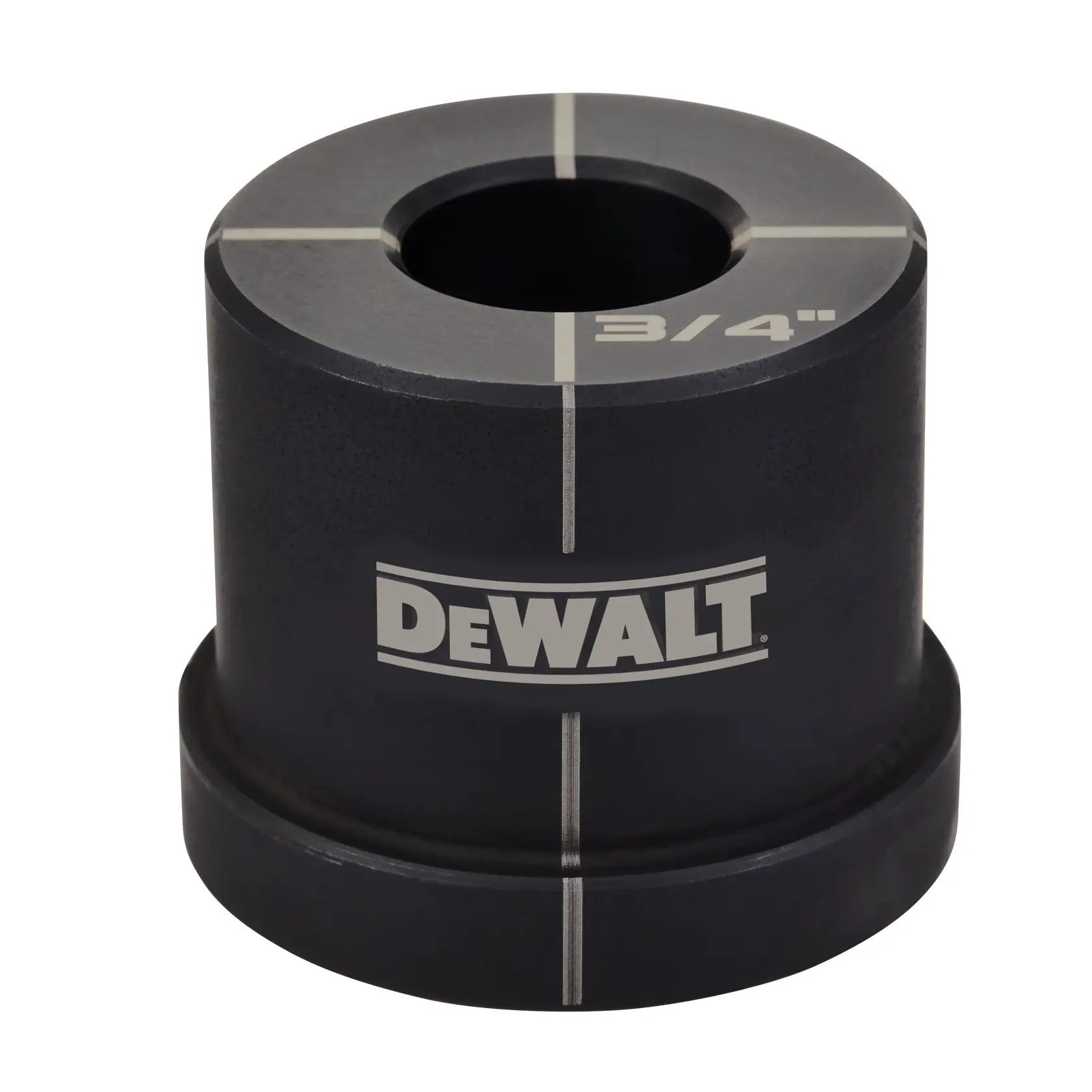 A black cylindrical DEWALT pipe alignment tool with 3/4 inch marking and visible alignment lines.