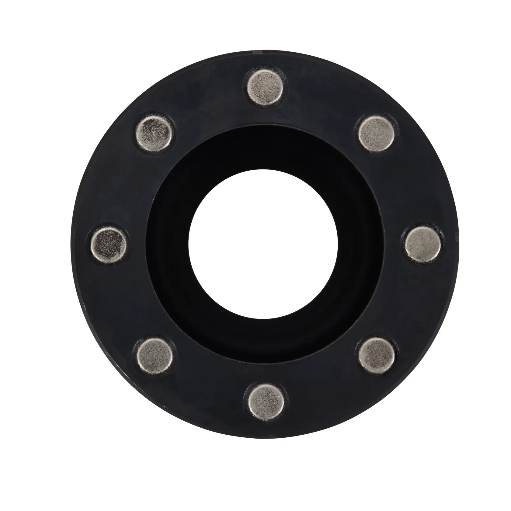 Close-up image of a round black plastic or metal part with a large central hole and eight silver circular studs evenly spaced along the outer ring.