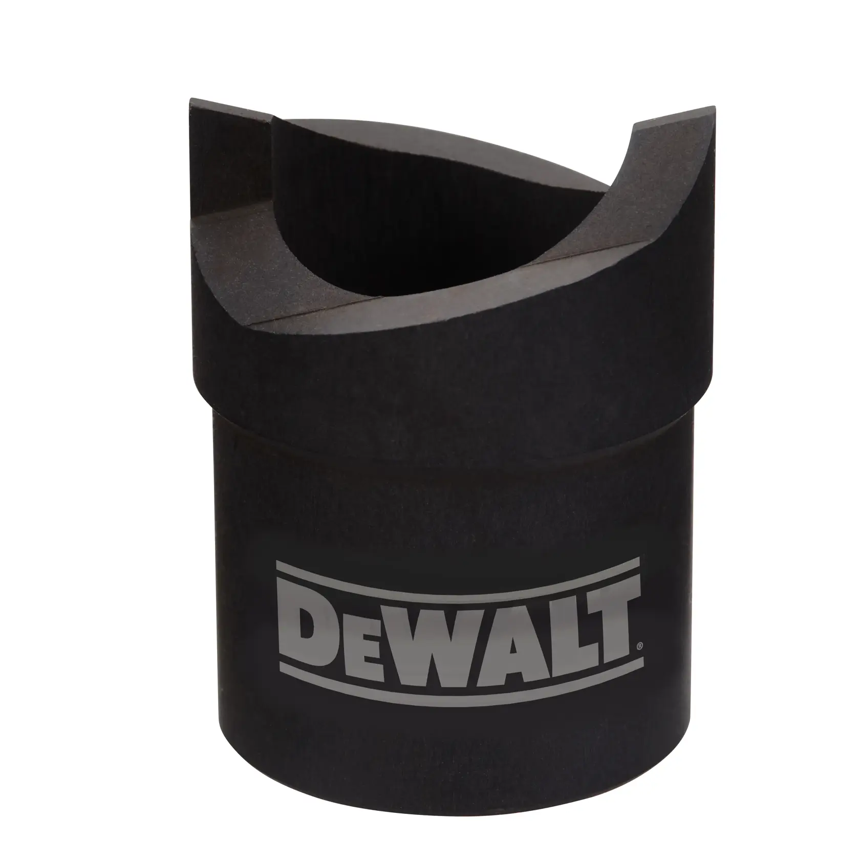 A black cylindrical DEWALT-branded camera accessory with an open, curved top.