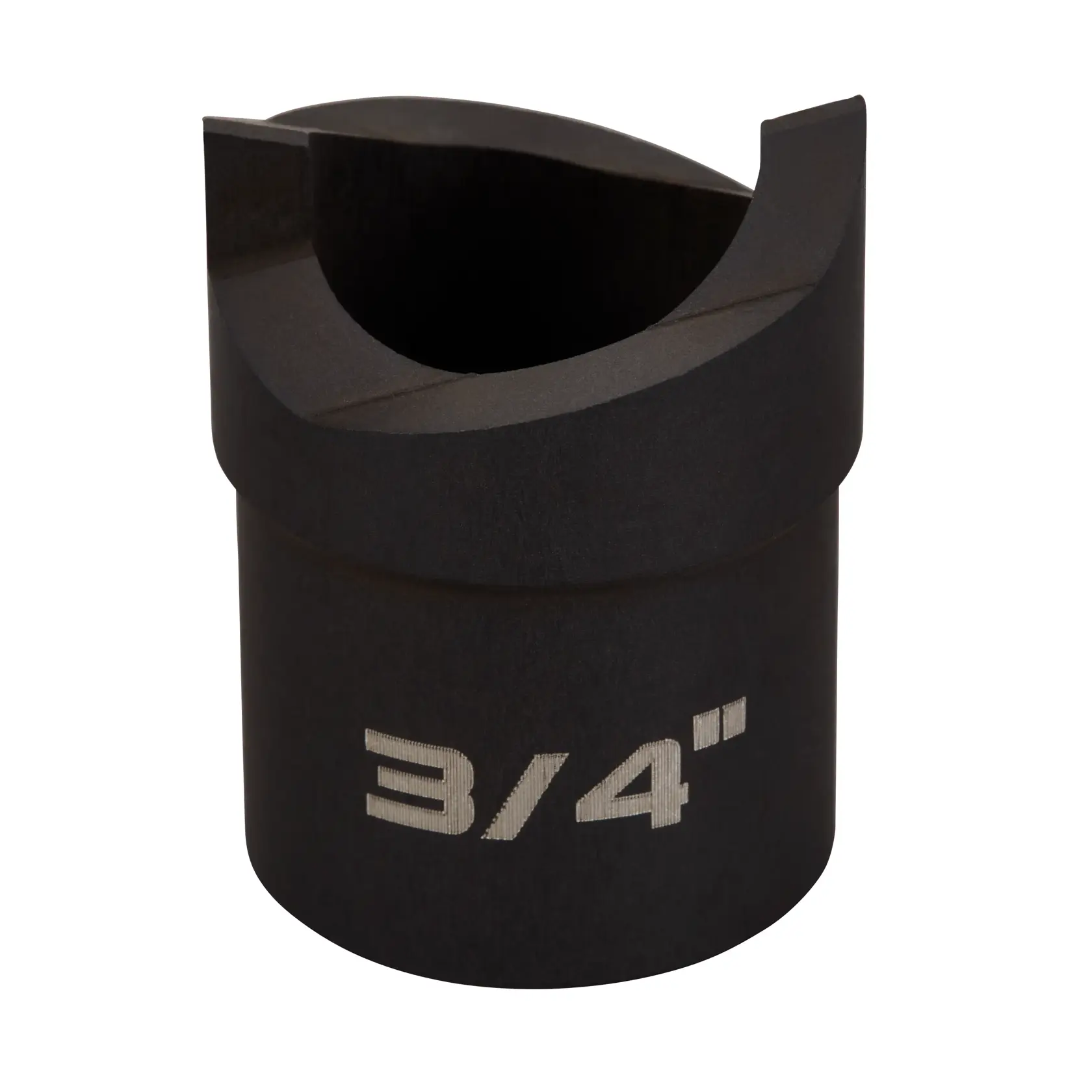 A close-up image of a DEWALT 3/4 inch dark metal pipe cutter accessory with an open slot design.