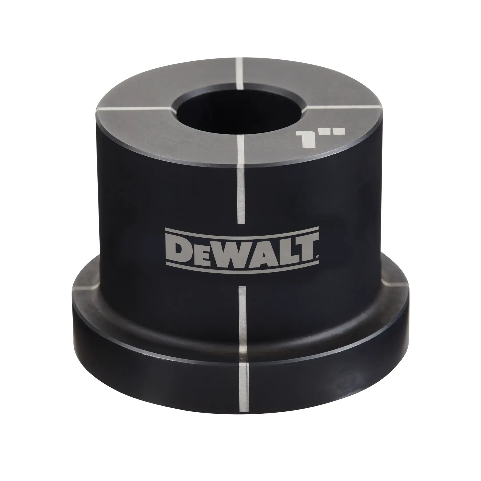 A black cylindrical DEWALT tool accessory with a central hole, white guide lines, and the DEWALT logo on the side. The accessory is used for photography or alignment applications.