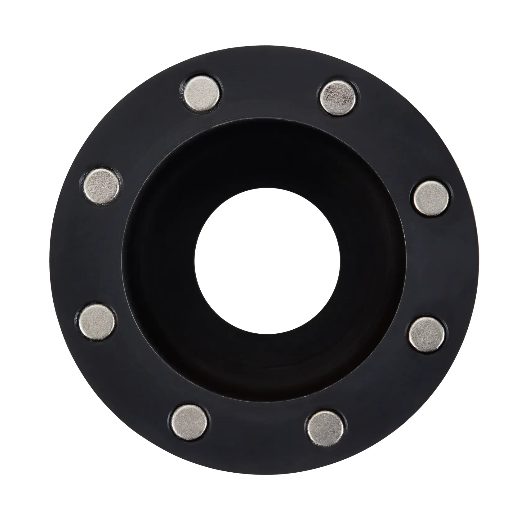 A black circular router base with a central hole and eight metallic screws around the outer edge, photographed against a white background.