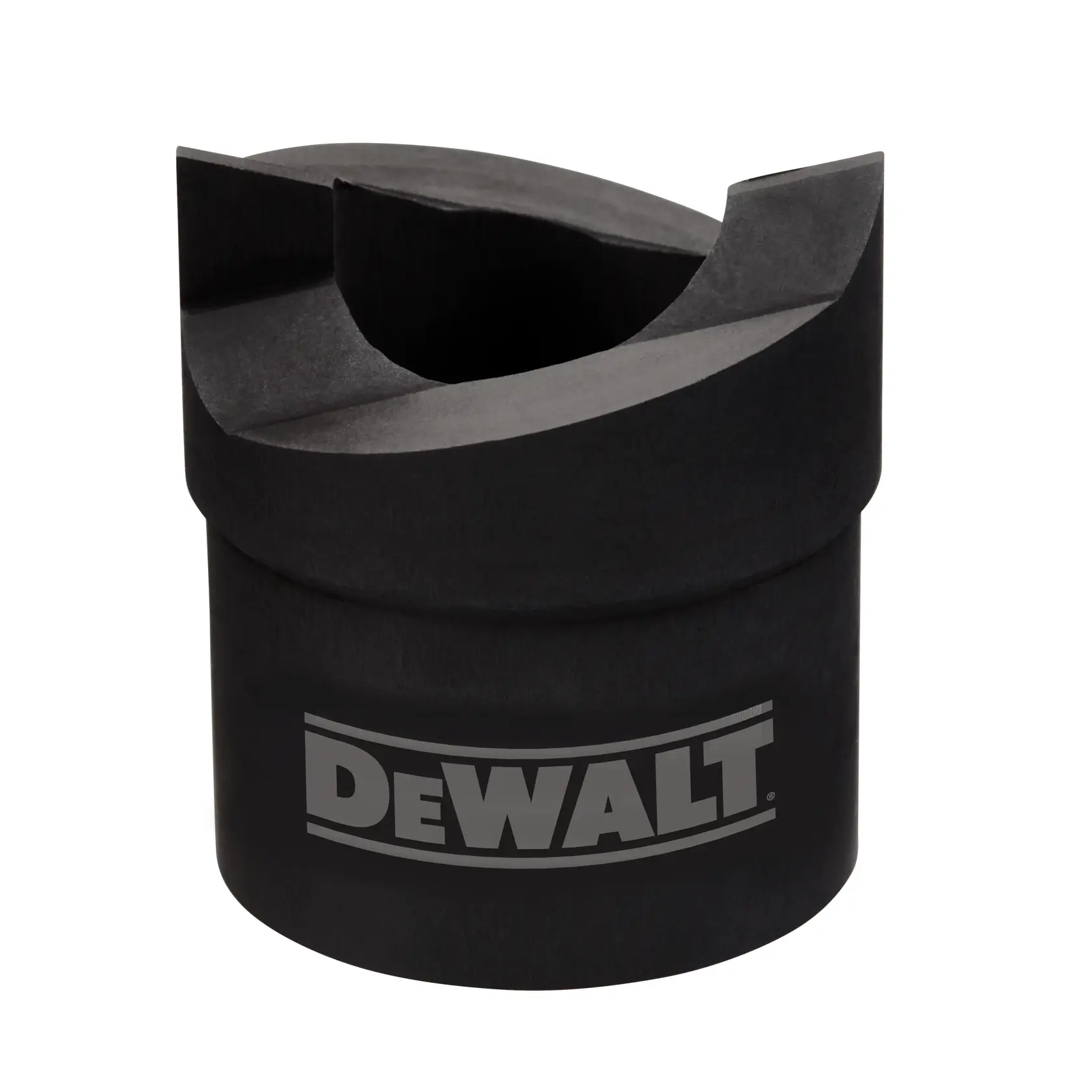 A black cylindrical DEWALT tool accessory with a notched, semi-circular cutout at the top, likely designed for holding or supporting pipes or round objects.