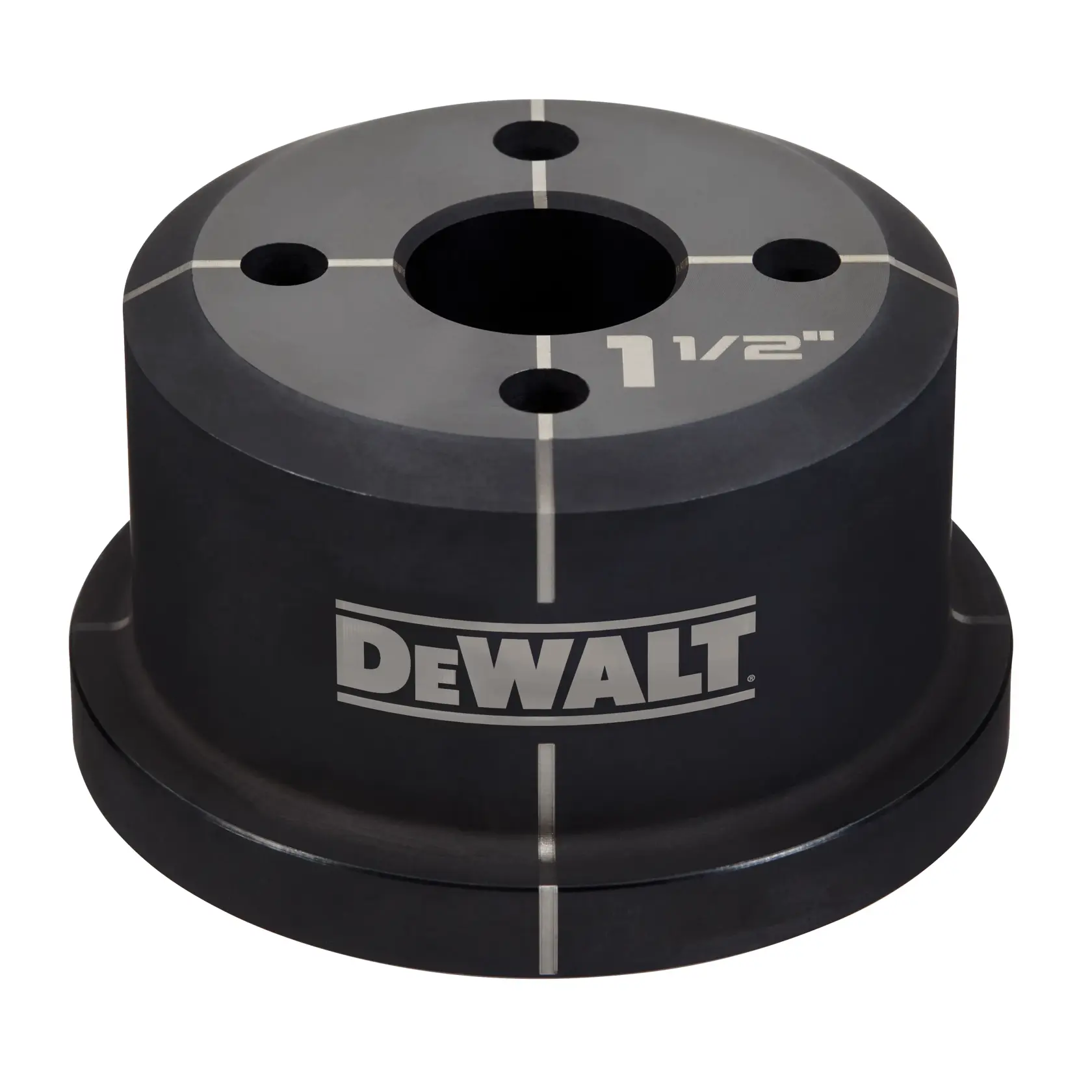 A black, round DEWALT tool part with several holes and white alignment markings, labeled 1 1/2 inch.