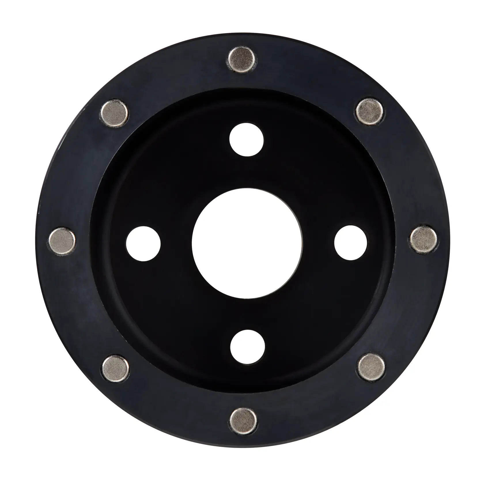 Close-up image of a black circular router base plate with six metal screws around the edge and multiple holes in the center.