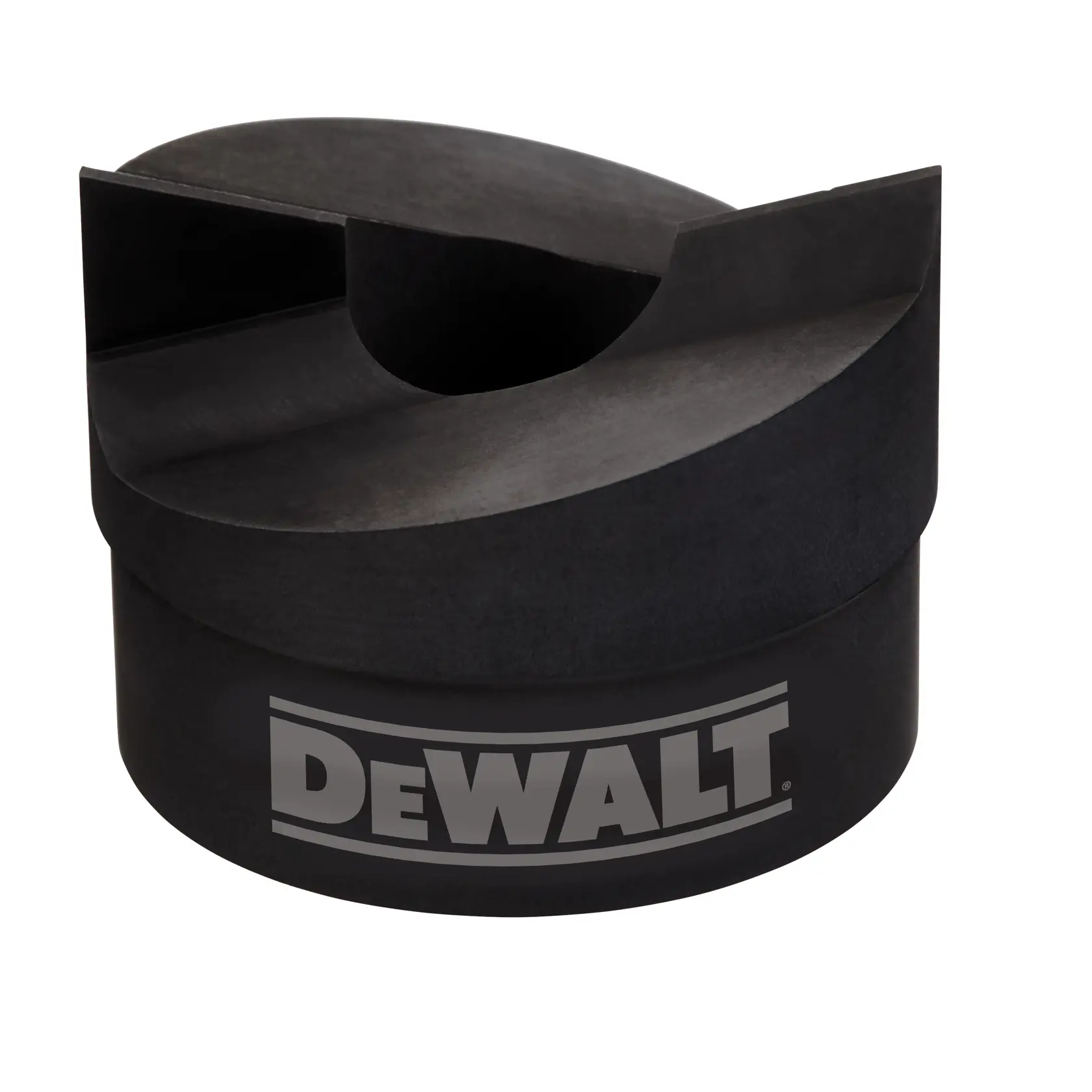 A black DEWALT branded circular attachment with a notched, semi-cylindrical top, likely a tool accessory part photographed on a white background.
