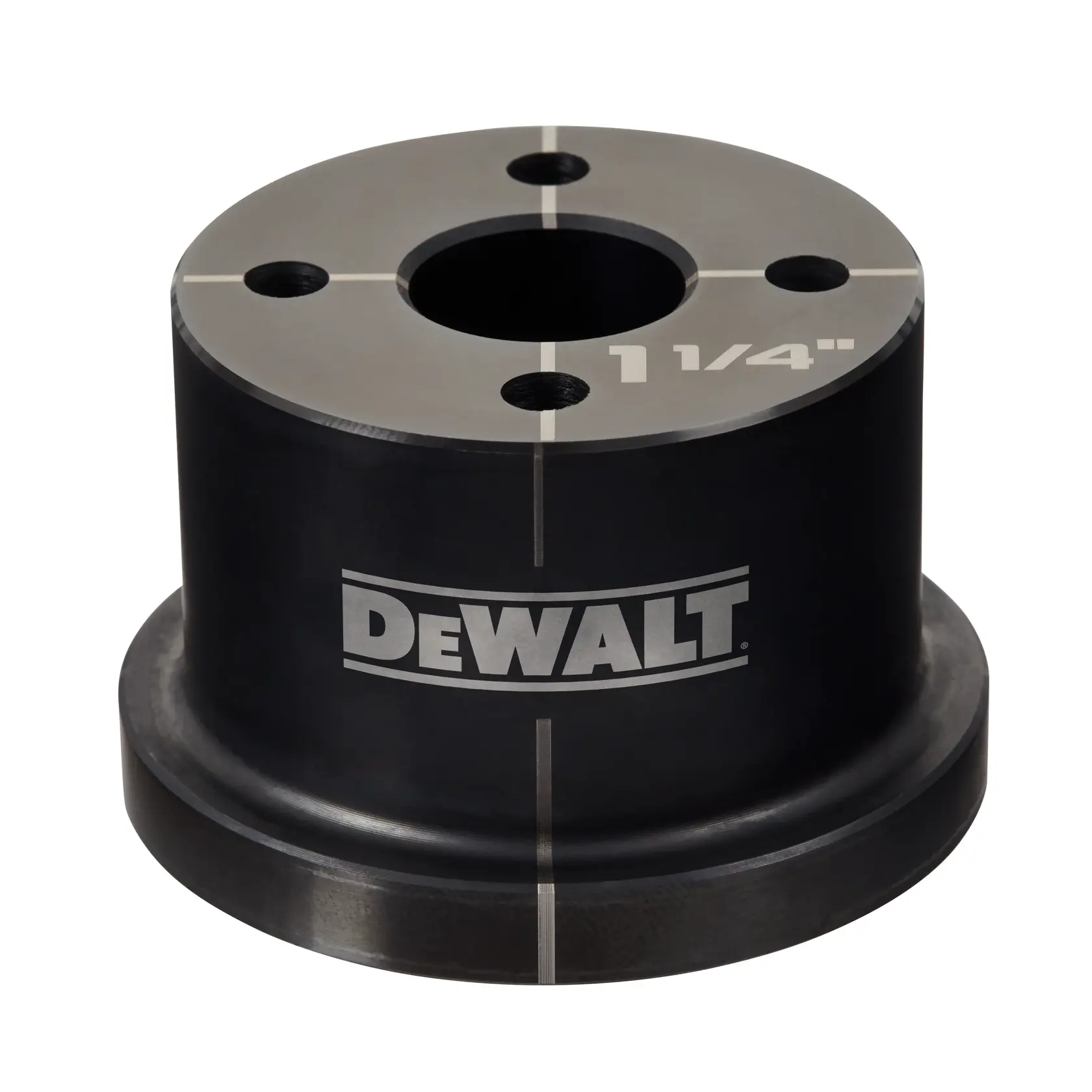A DEWALT branded black metal tool part with a cylindrical shape, three screw holes on top, and '1 1/4"' marking. The background is white.