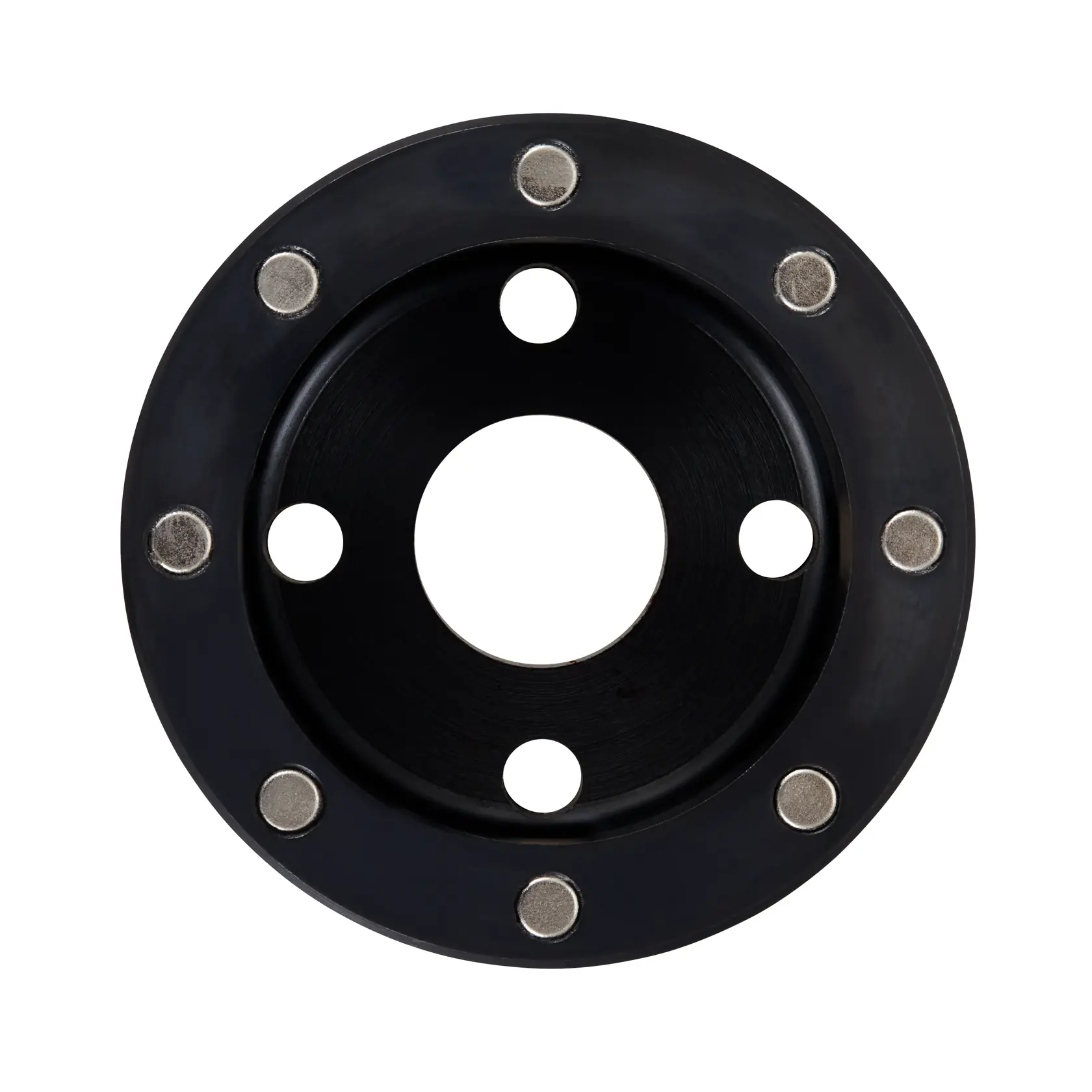 A close-up image of a circular black metal router base plate with multiple round holes and metallic contact points along the outer edge, viewed from above.