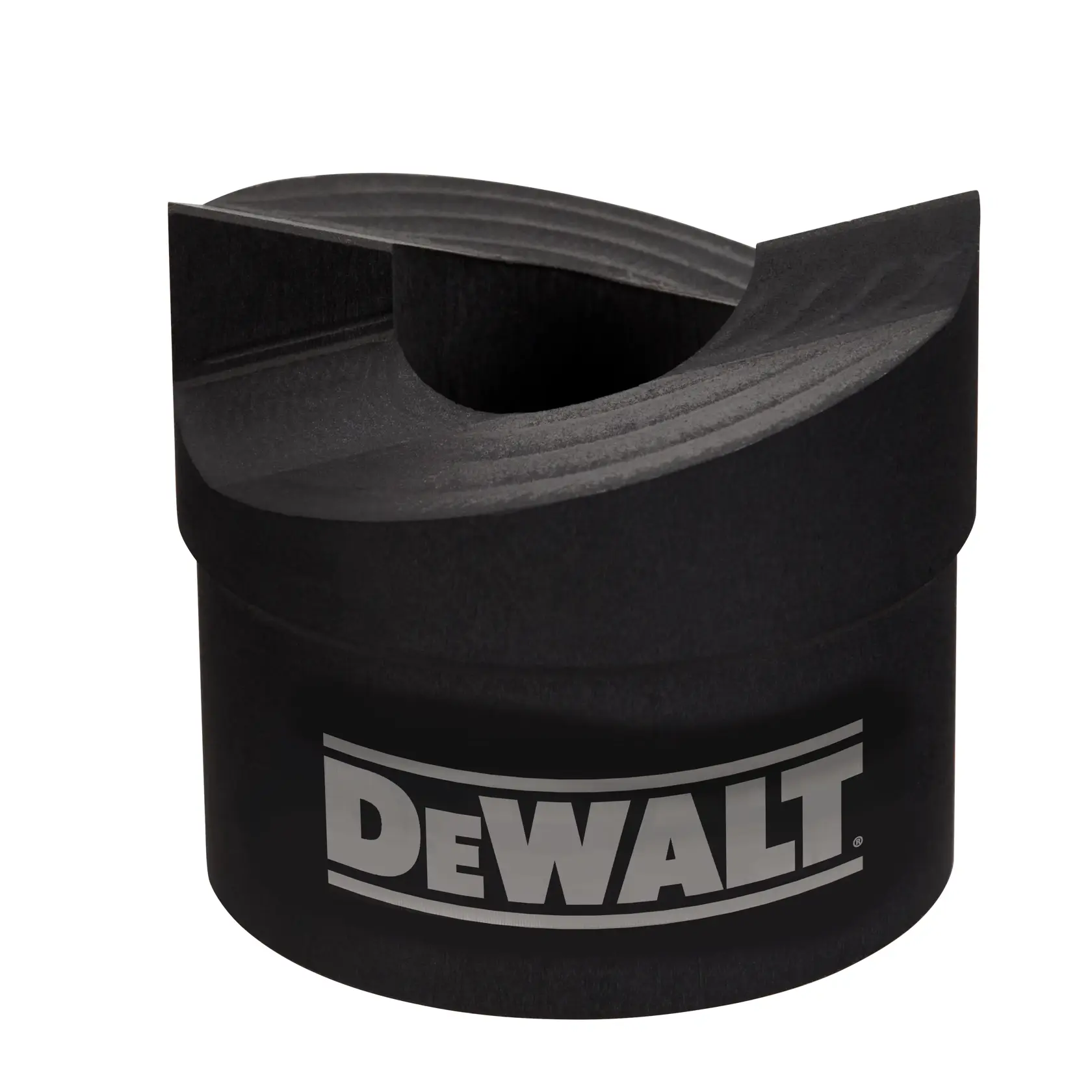 A black cylindrical DEWALT-branded tool part with a cut-out notch, likely an accessory or attachment for power tools, shown against a white background.
