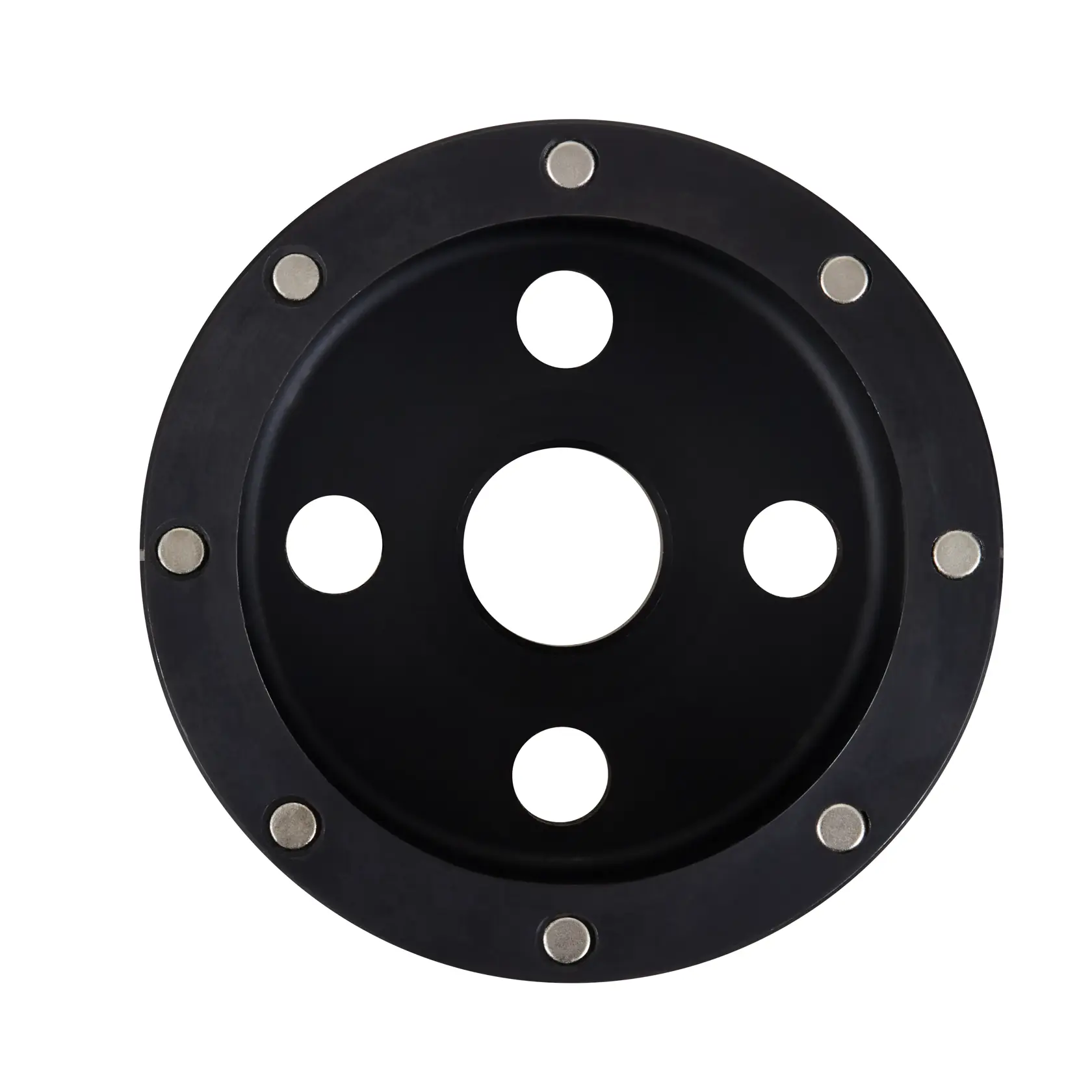 A black circular router base plate with multiple holes and metal fasteners, photographed against a white background.