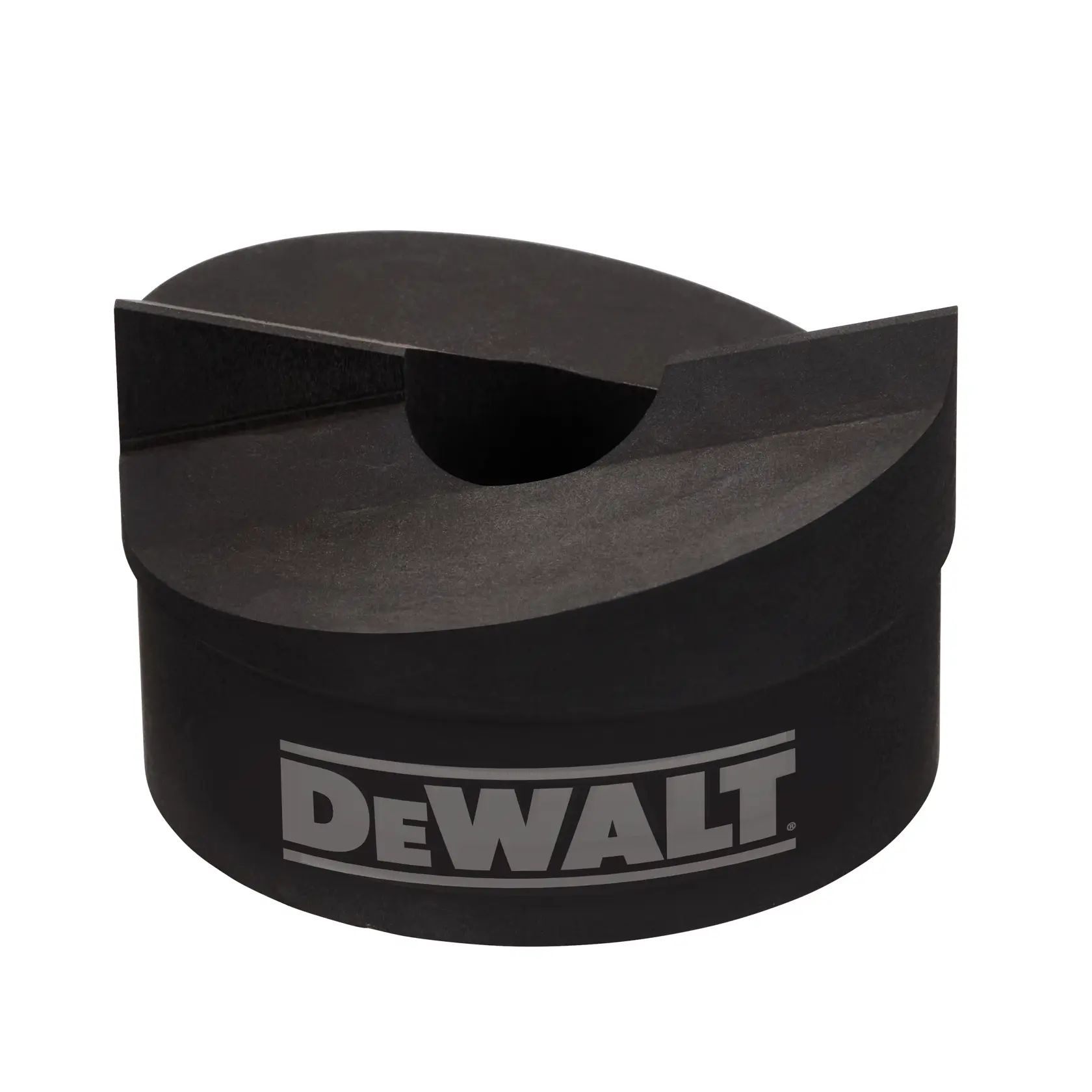 A DEWALT-branded black metal circular accessory with a cut-out groove, likely used as a photography or construction tool component.