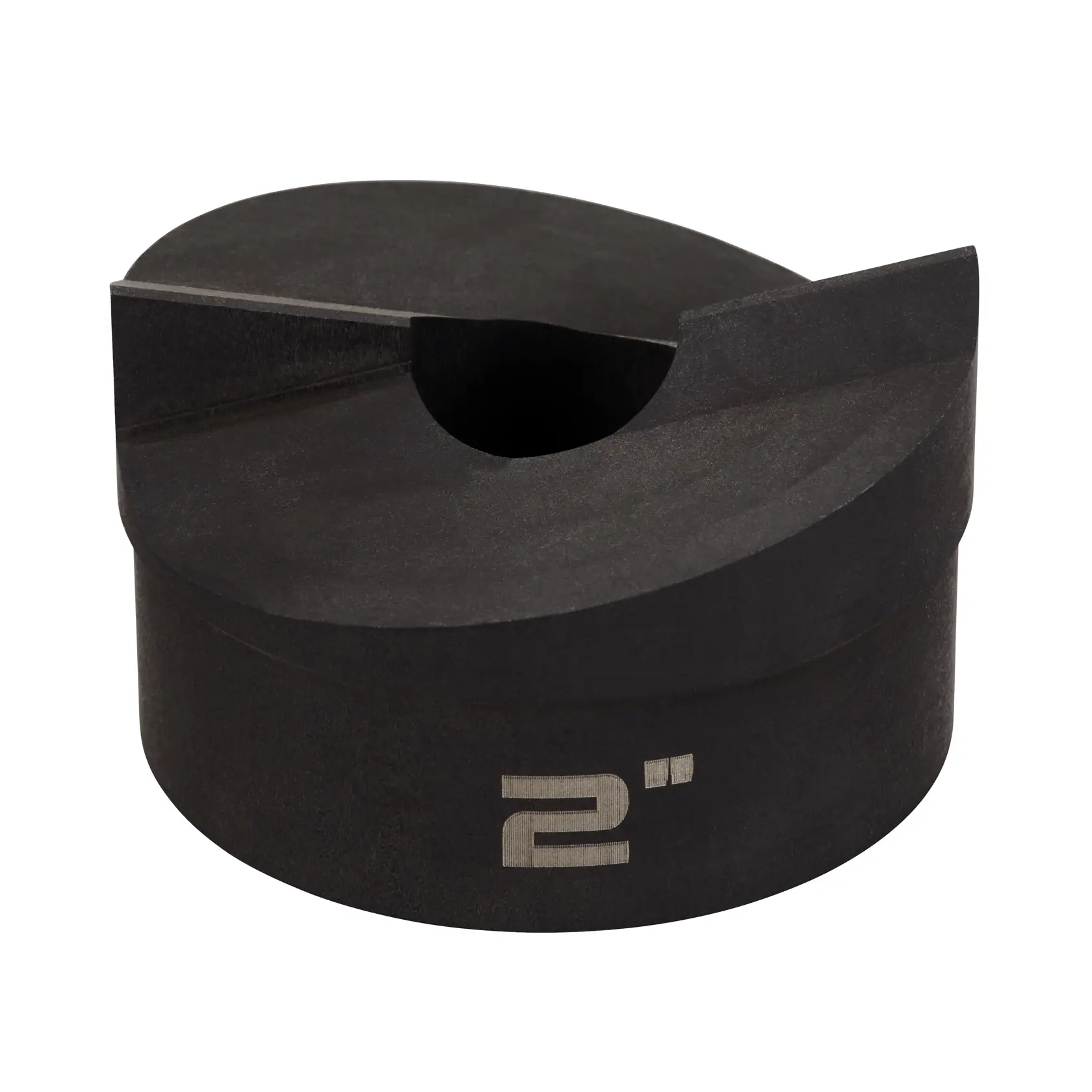 A black cylindrical metal punch tool with a cut-out section and the marking '2"' on the side. The product is used for making holes, likely in sheet materials.