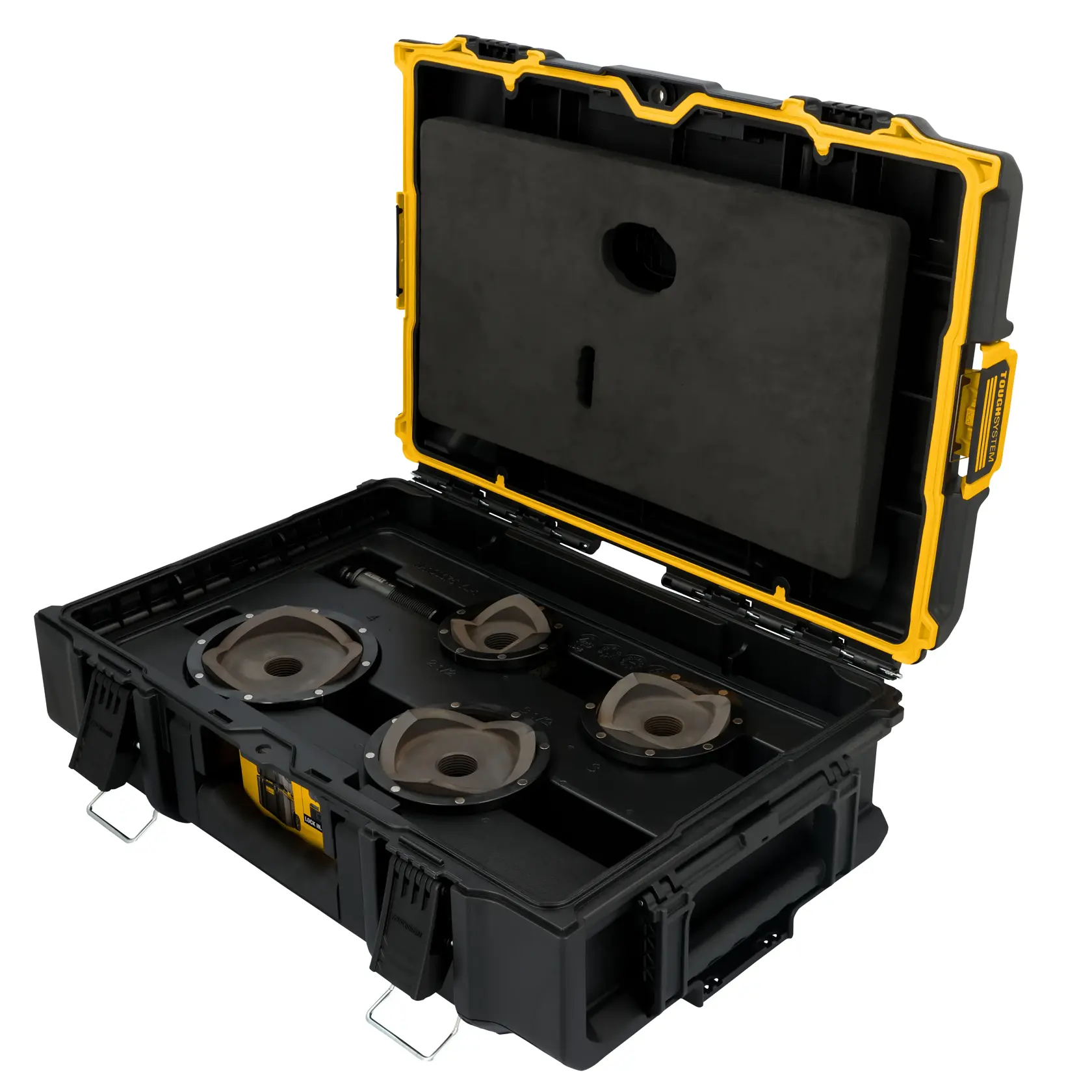 A black and yellow DEWALT hard plastic carrying case is shown open, displaying several metal and plastic circular and triangular tool attachments organized inside. The case has secure latches and a foam-lined lid.