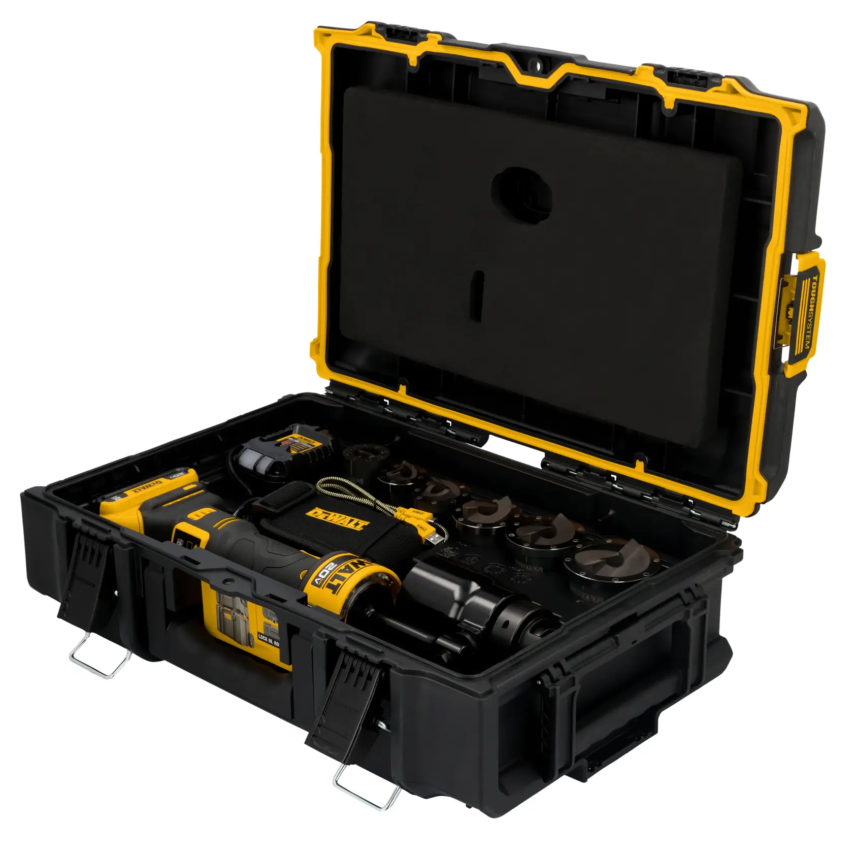 Dewalt portable tool kit with a black and yellow hard case, containing a cordless power tool, battery packs, and various metal attachments neatly arranged in the bottom compartment.