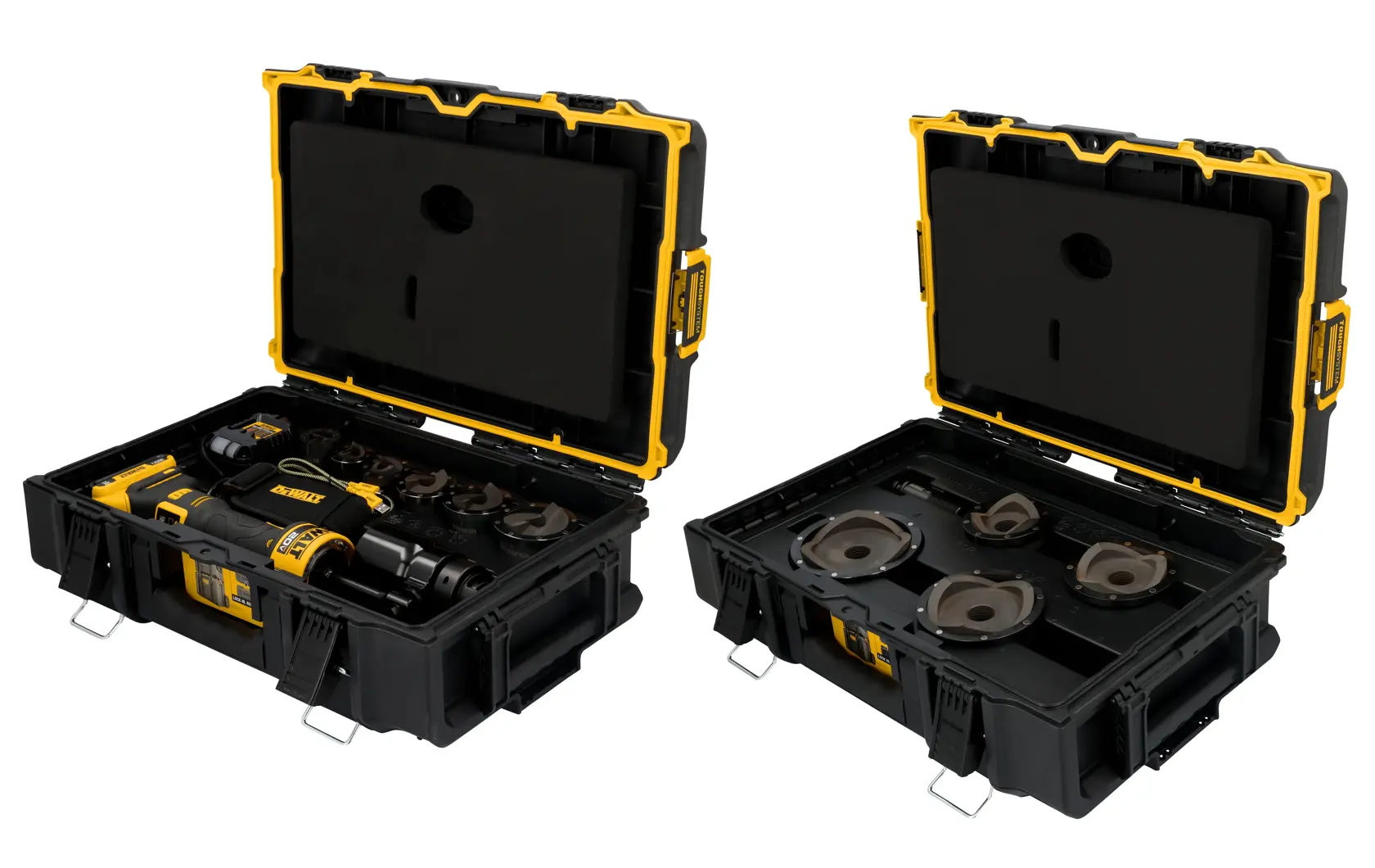 Two open DEWALT hard plastic carrying cases shown side by side. The left case contains a yellow and black power tool with various attachments, while the right case holds several round metal components, all neatly organized in their respective slots.