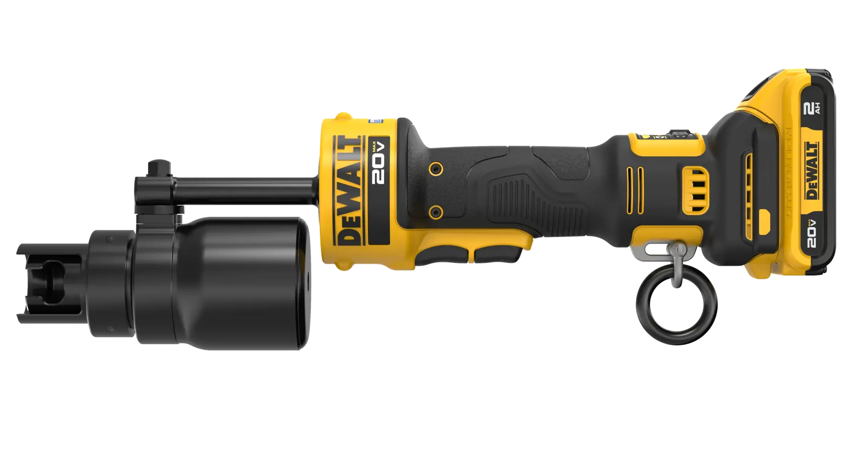 A DEWALT 20V cordless cable stripper tool shown in a side profile on a white background. The tool is yellow and black, with a detachable battery and a ring for hanging.