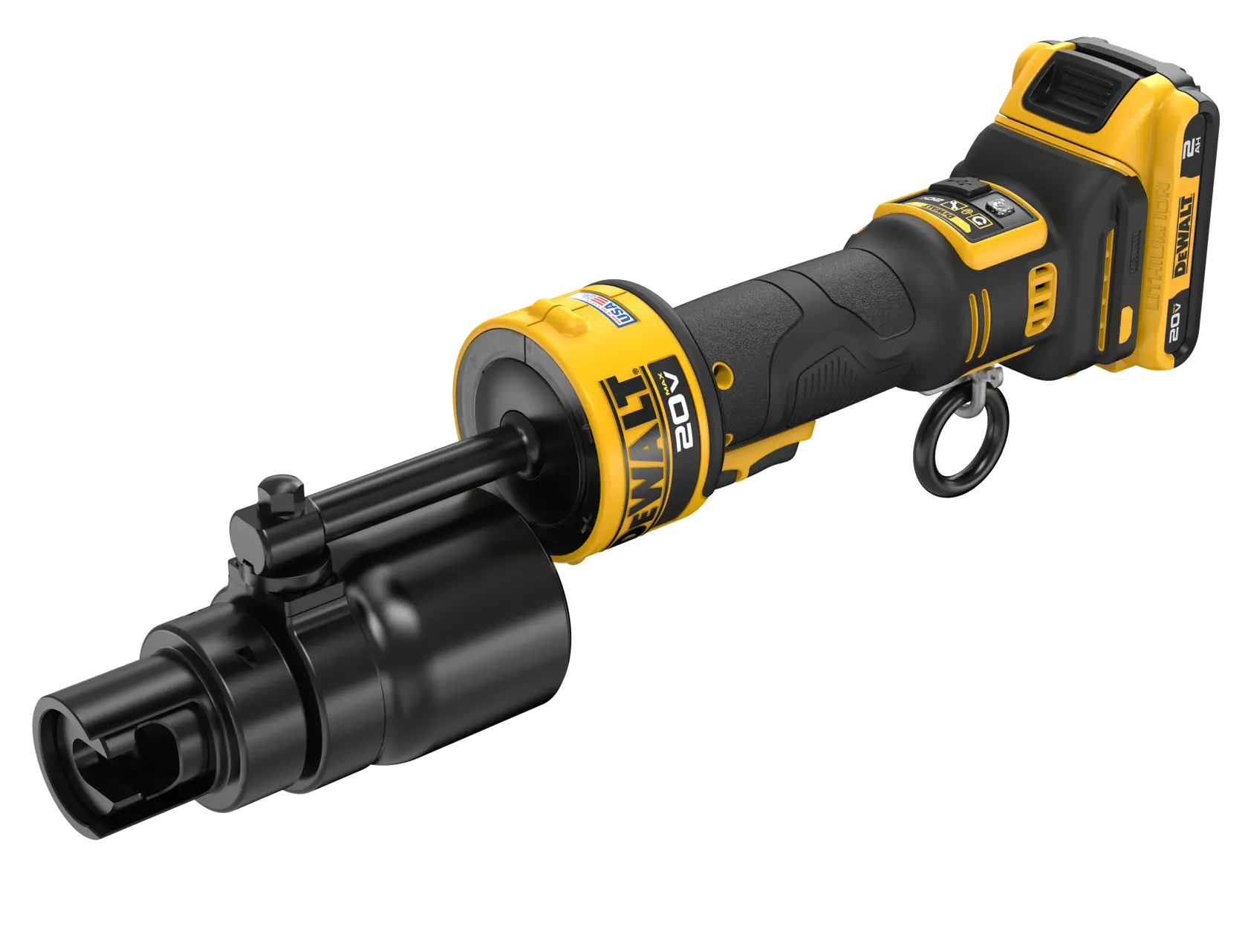 A DEWALT 20V cordless tool with a black and yellow design, featuring a cylindrical black attachment at the front. The tool appears suited for industrial or heavy-duty tasks, shown on a white background.