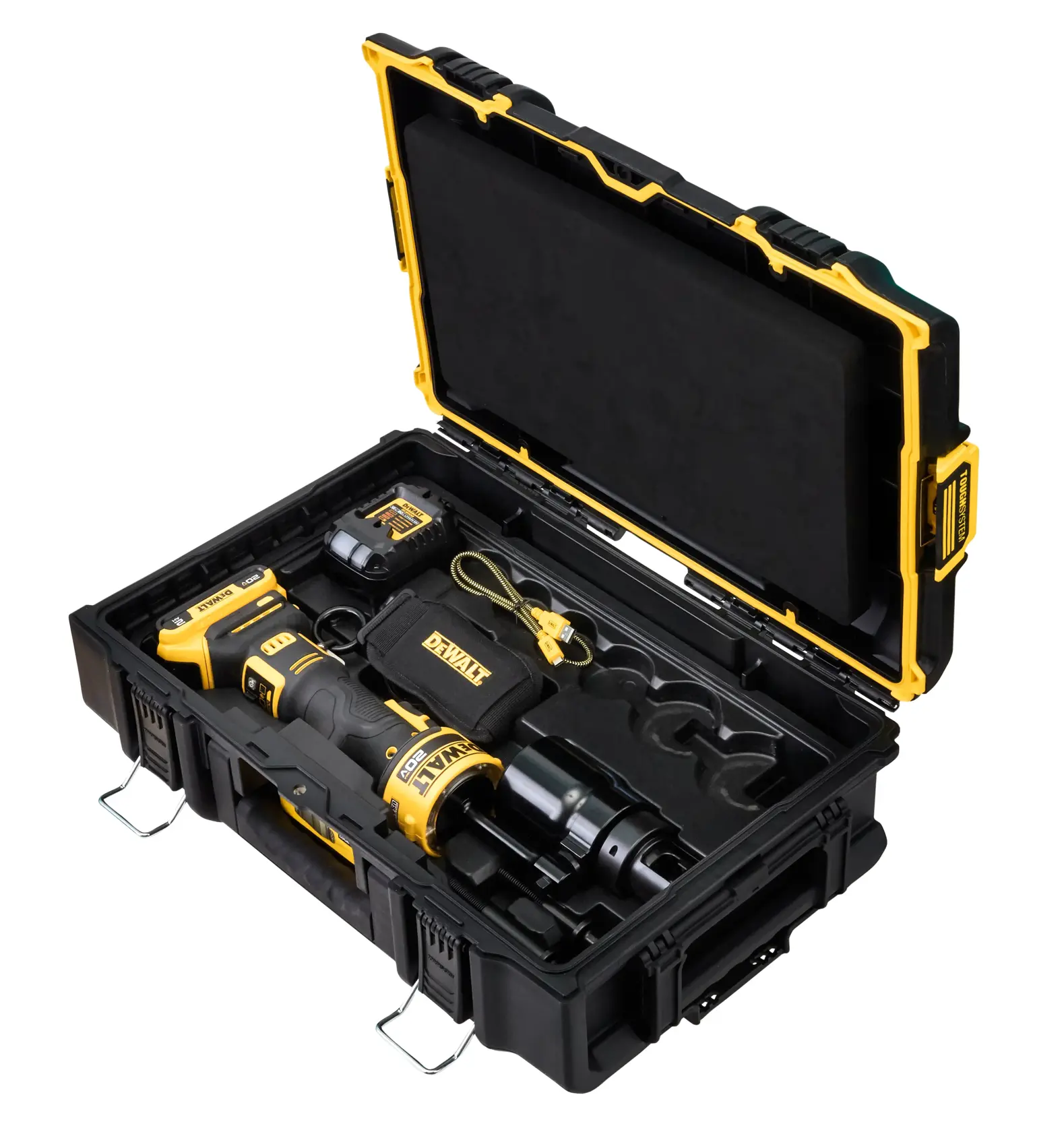 A DEWALT cordless tool kit in a black and yellow hard carrying case. The kit includes a power tool, battery pack, charger, and accessories neatly arranged inside the case.