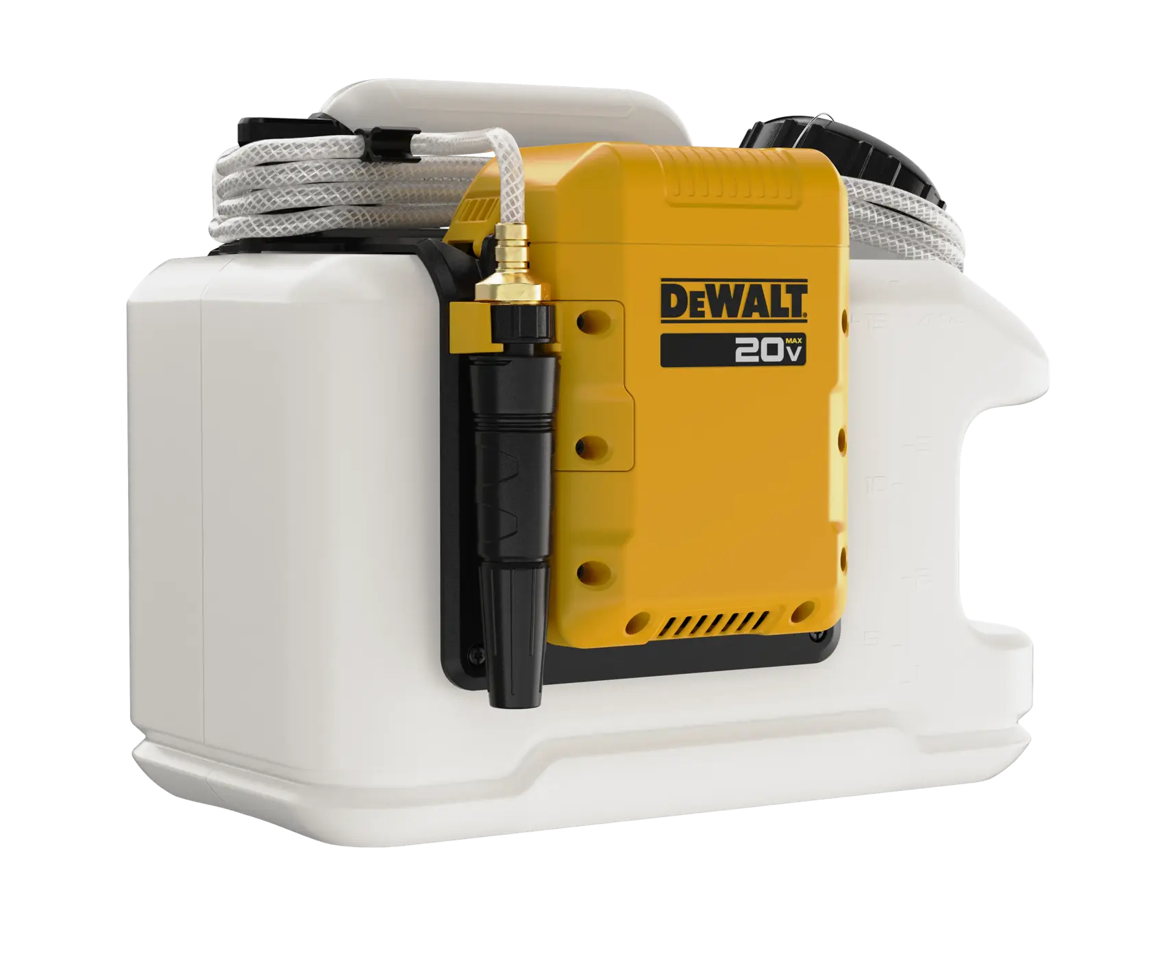 A DEWALT 20V battery-powered backpack sprayer with a yellow and black motor housing attached to a white plastic tank, featuring a hose and spray wand coiled on top.