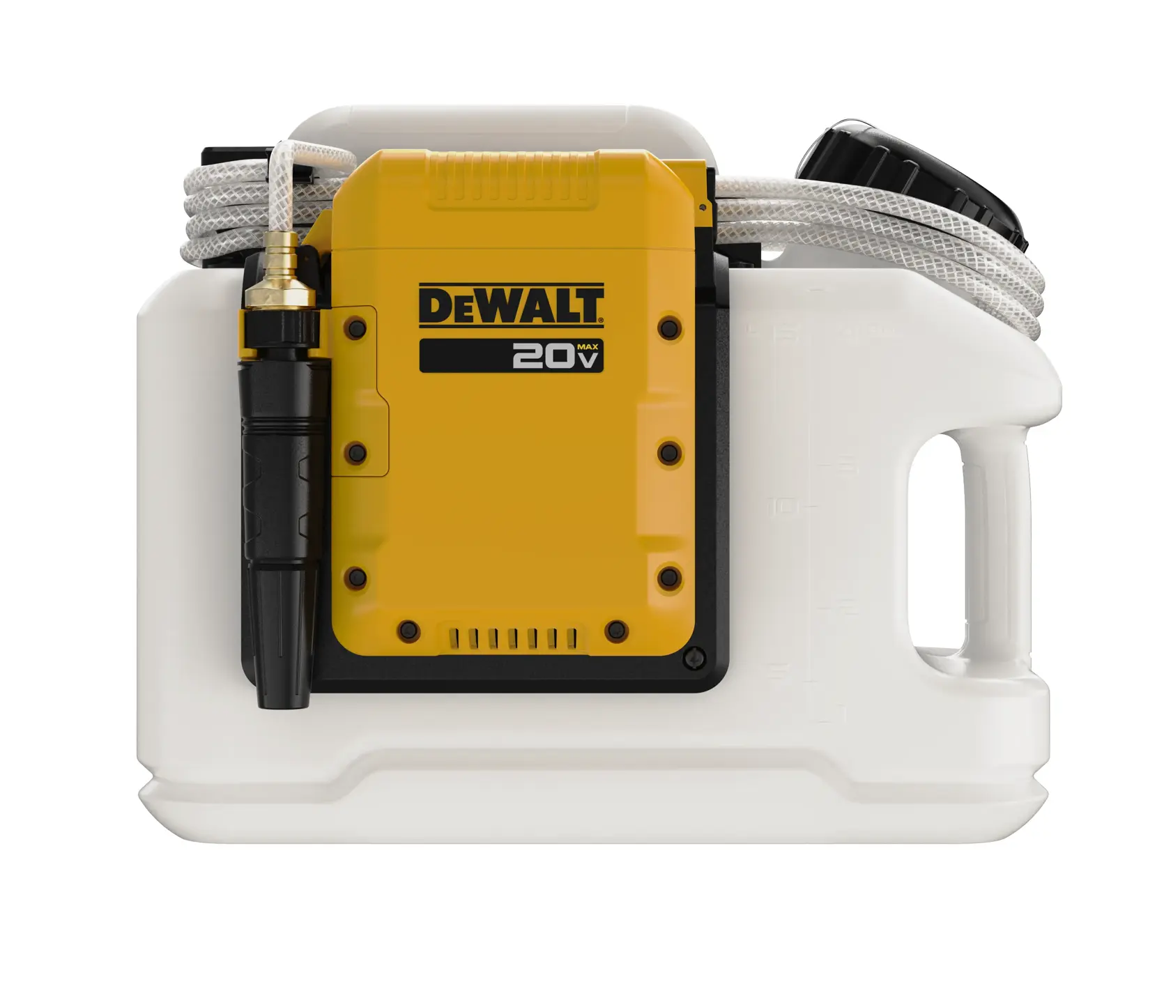 A DEWALT 20V battery-powered sprayer with a yellow motor unit mounted on a white tank. The device features a handle, hose, and spray wand, designed for portable spraying tasks.