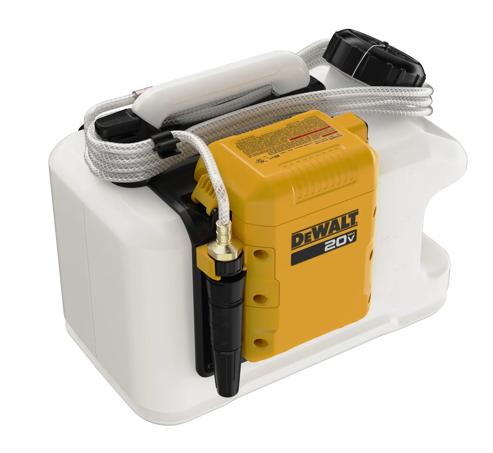 A DEWALT 20V portable sprayer with a white tank and yellow motor housing. The device features a black handle, a coiled hose, and a screw-on cap for filling.