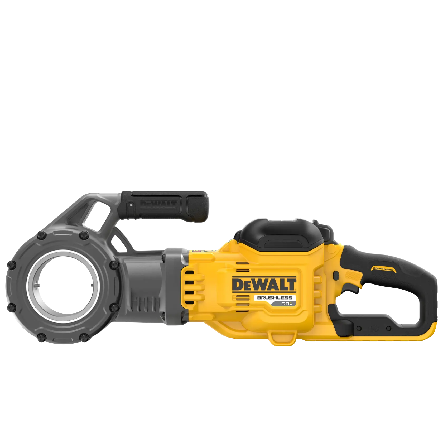 A DEWALT brushless 60V cordless pipe threading tool in yellow and black, designed for industrial and plumbing use, with a circular threading head and ergonomic handle.