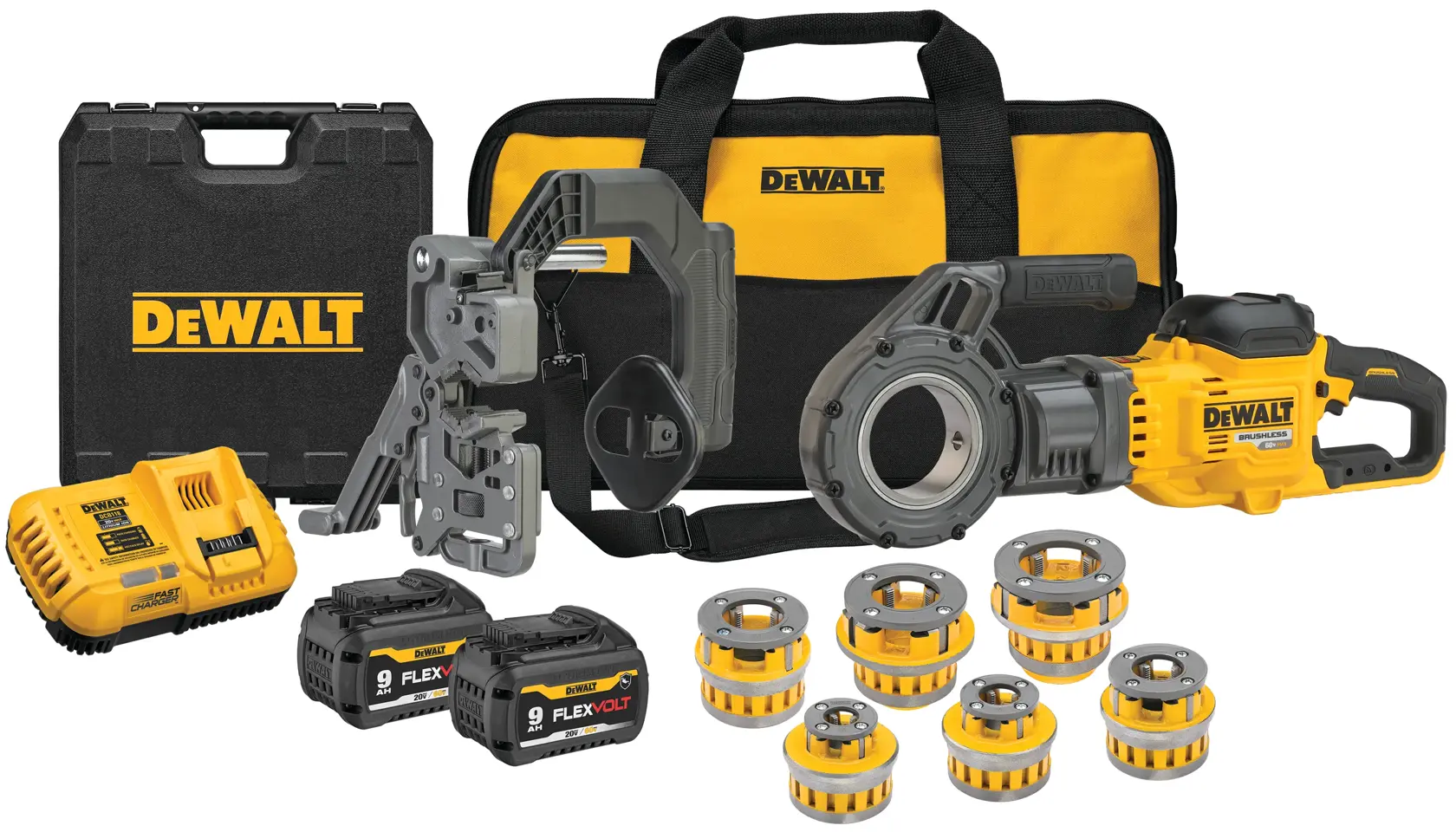 A DEWALT cordless pipe threading kit, including a yellow and black pipe threading machine, multiple threading dies, battery charger, two FLEXVOLT batteries, a carrying case, and a soft tool bag, all branded with DEWALT logos.