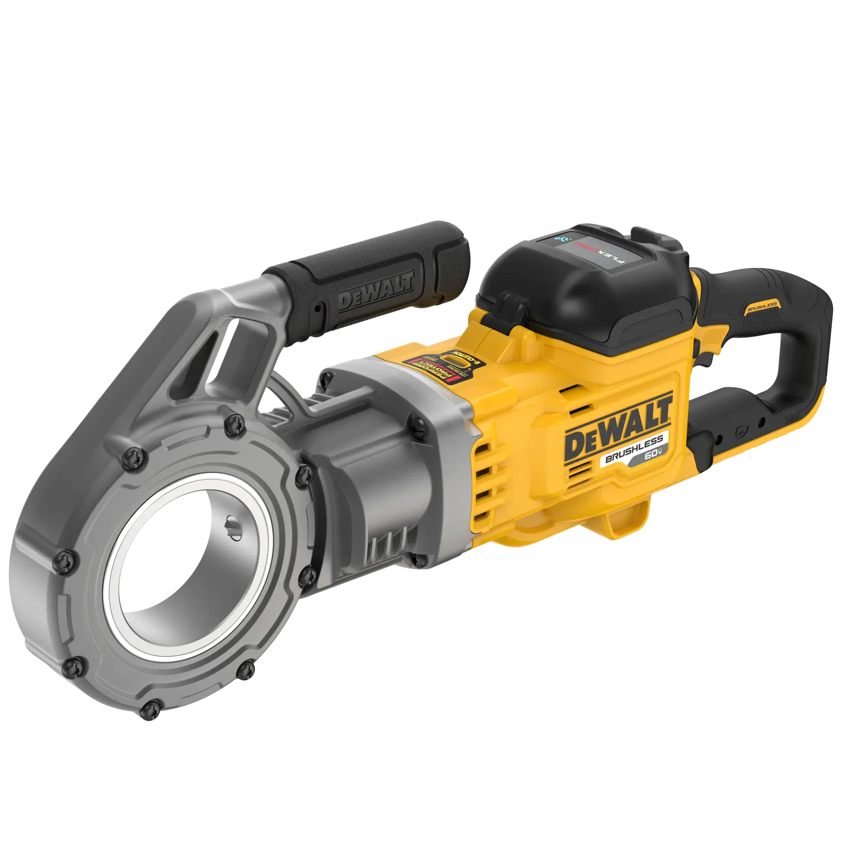 A DeWALT cordless pipe threader, featuring a yellow and black design with a large circular threading head and ergonomic handle.