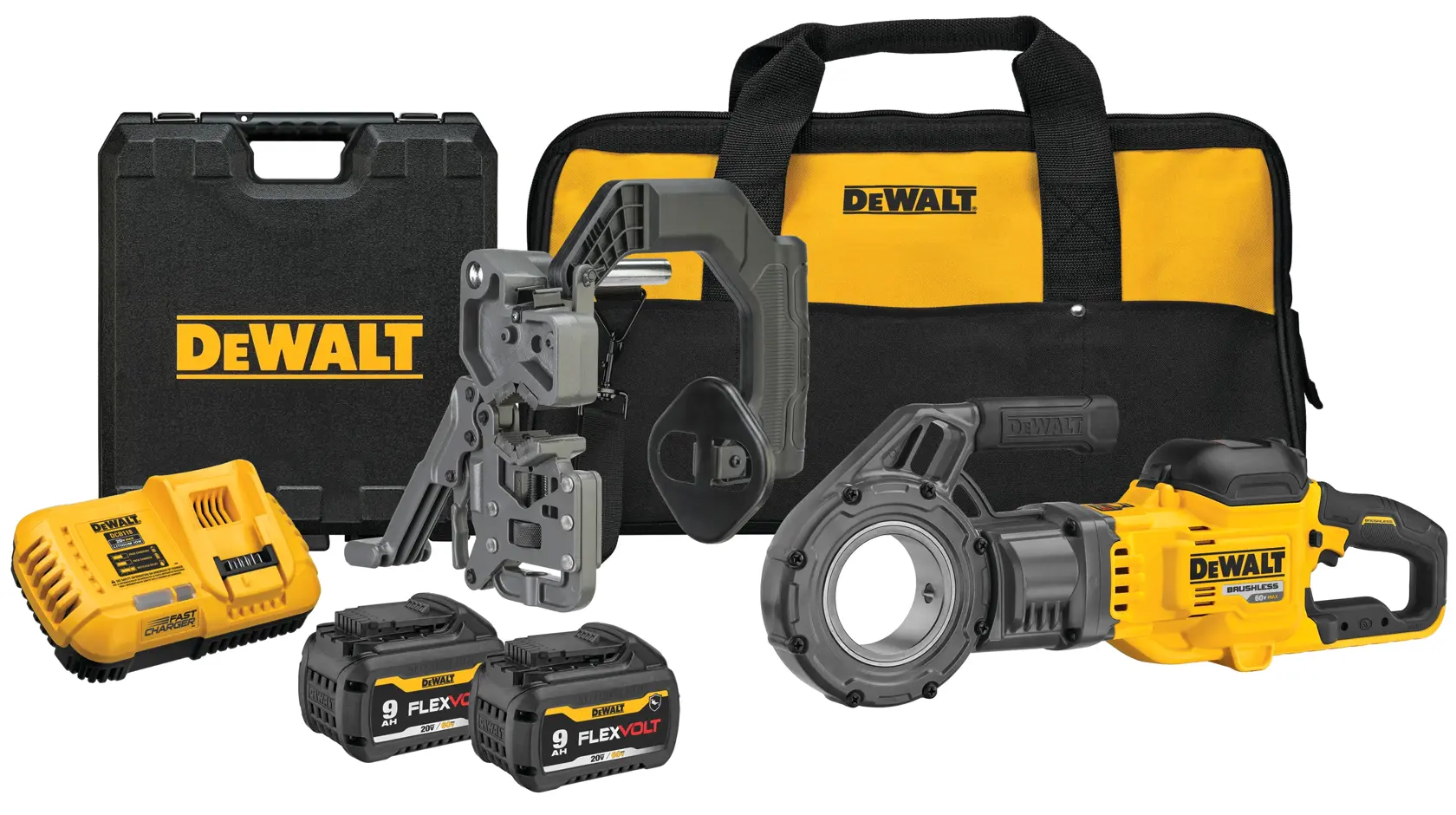 A DEWALT pipe tool kit including a cordless yellow and black pipe machine, pipe cutting attachment, two 9.0 Ah Flexvolt batteries, battery charger, a black and yellow soft carrying bag, and a black hard carrying case.