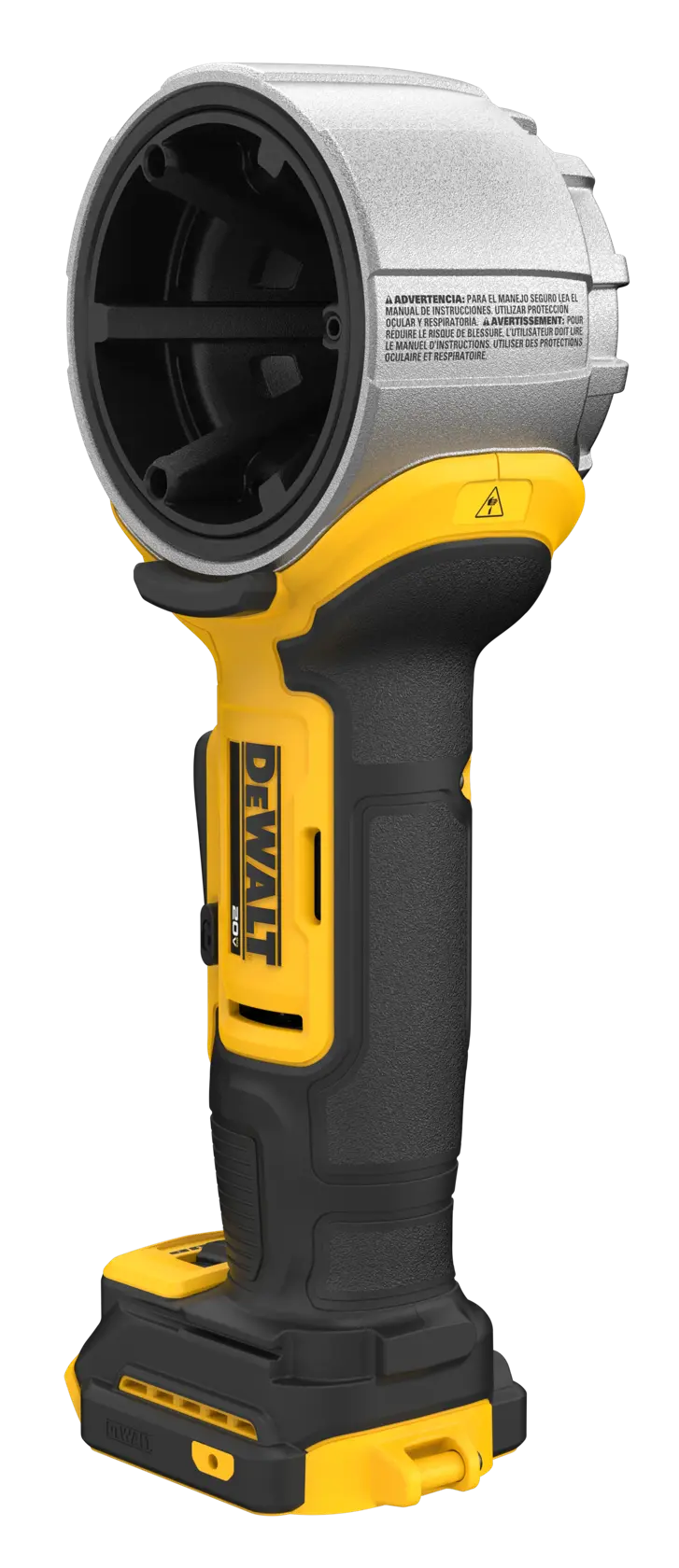 A cordless handheld tool with a black and yellow handle and a metallic head, branded DEWALT. The tool is shown standing upright on a white background.