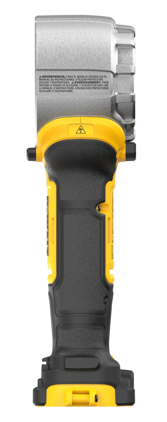 Front view of a DEWALT cordless tool handle, featuring a yellow and black grip and metallic head. The tool does not have a battery attached.