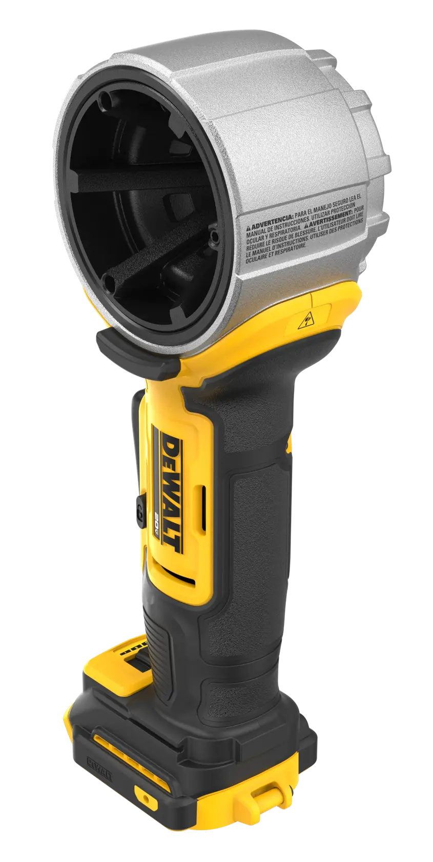 A DEWALT cordless power tool with a black and yellow handle and a metallic cylindrical head, shown standing upright against a white background.