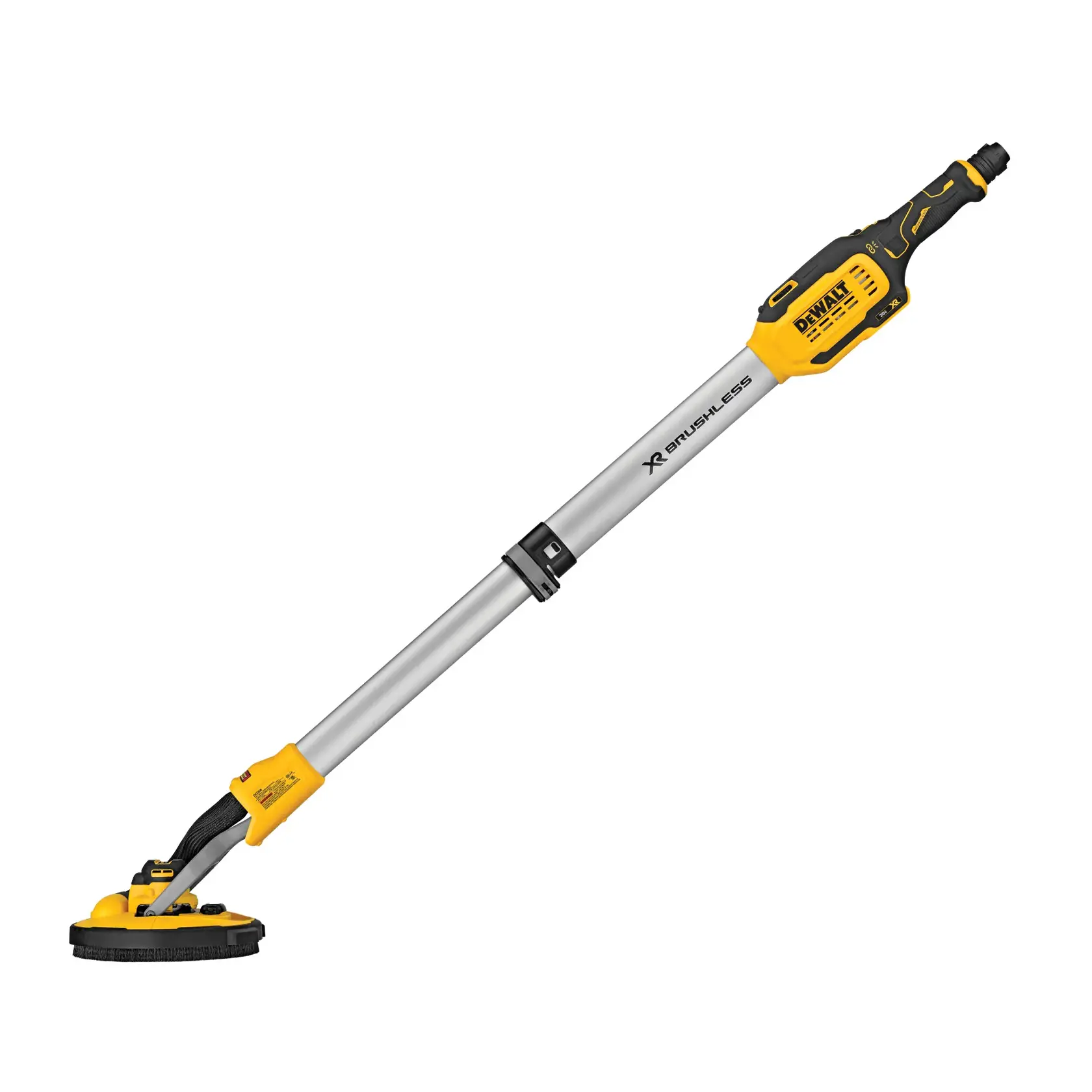 A DEWALT cordless drywall sander with a long adjustable pole, featuring a yellow and black design and a circular sanding head.