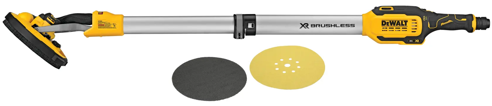 DEWALT cordless drywall sander with brushless motor, featuring an extendable pole and two sanding pads.