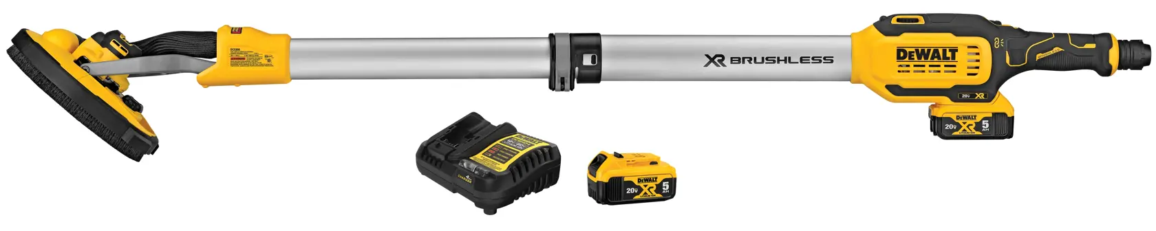 A DEWALT cordless drywall sander with an extendable pole, shown alongside a battery and charger. The tool is yellow and black with brushless XR branding.
