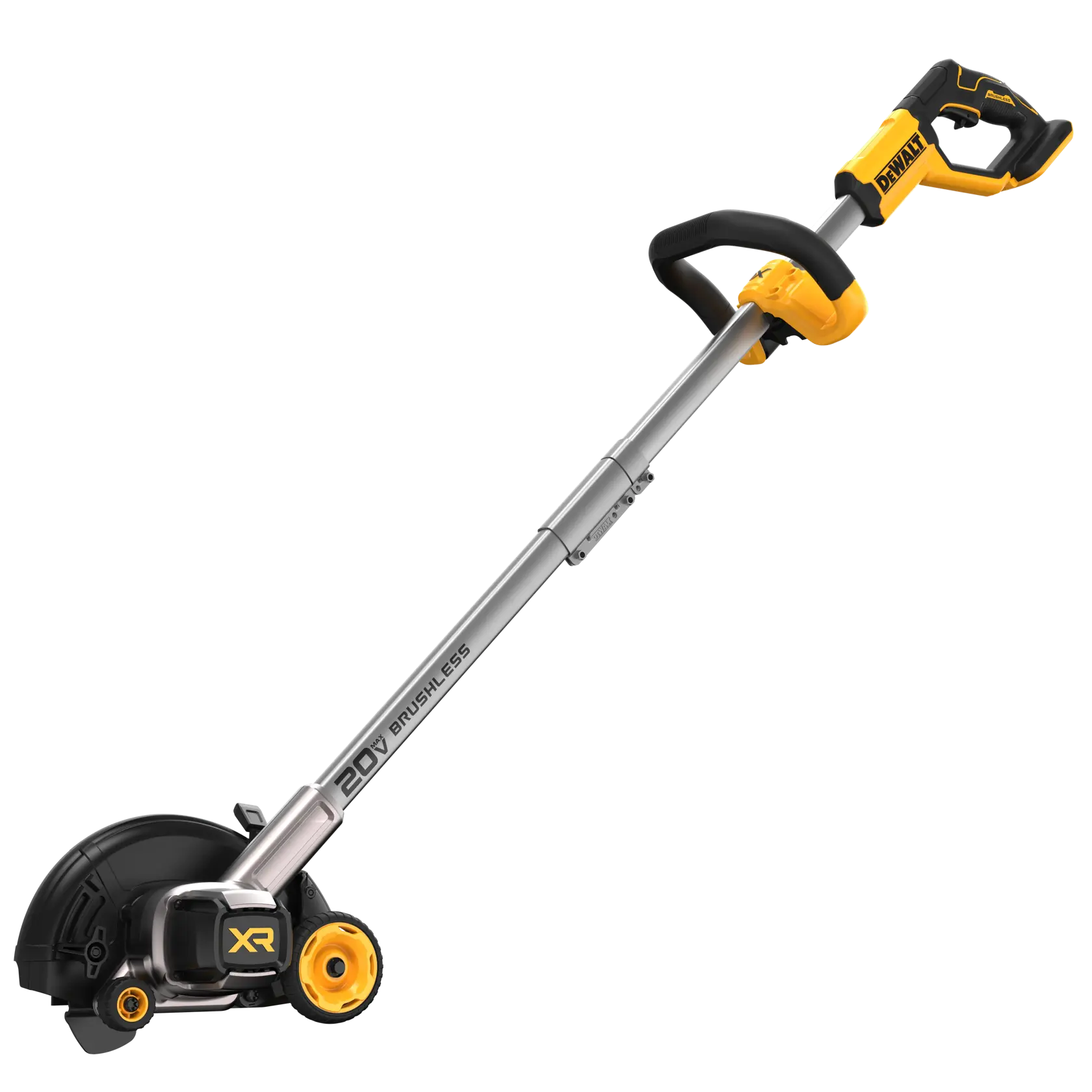 A DEWALT cordless electric lawn edger with a black and yellow handle, silver shaft, and two yellow wheels, model DCED400B.