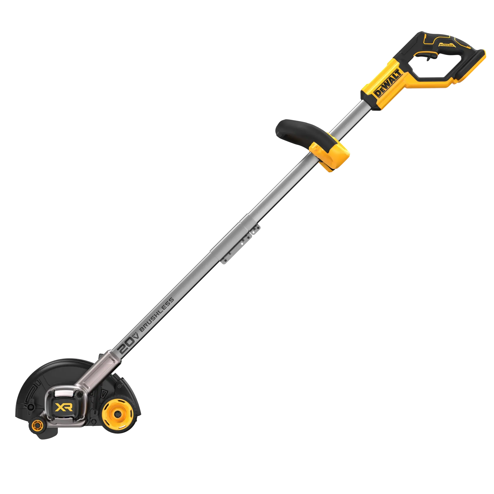 A DEWALT 20V cordless brushless lawn edger with a black and yellow handle, featuring a blade guard and adjustable auxiliary handle.